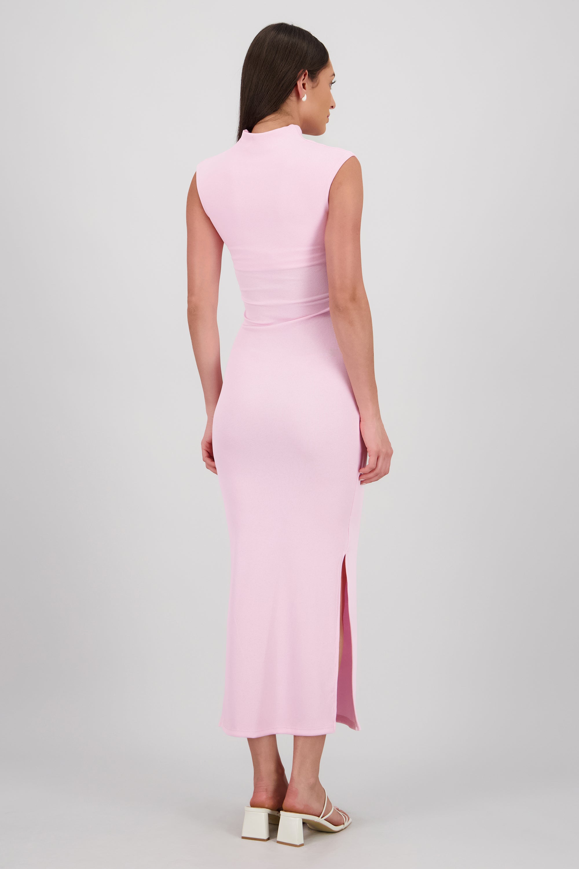 Vestido maxi rib manga corta con abertura Hypsters ROSA PASTEL
