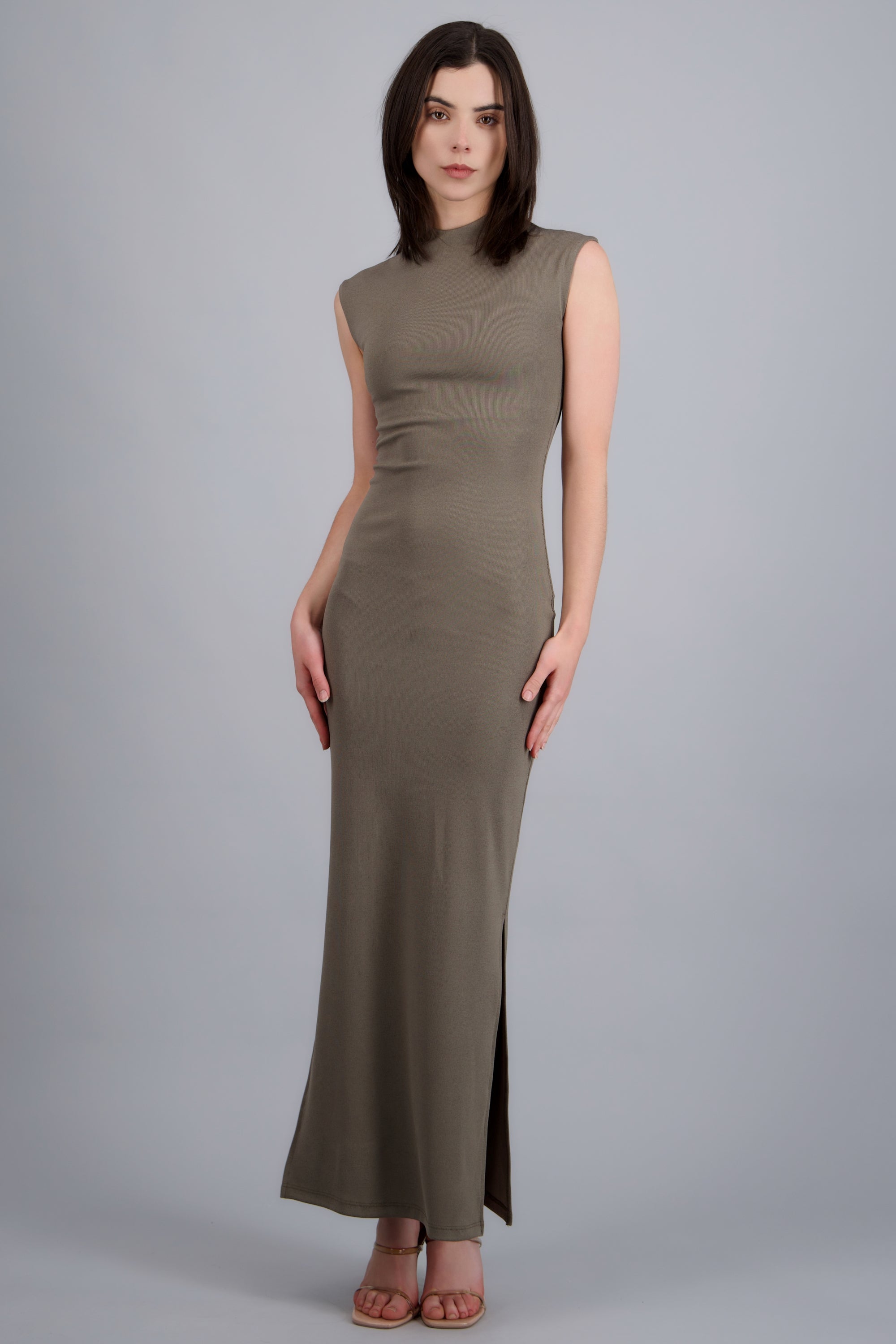 Vestido rib manga corta con abertura OLIVO