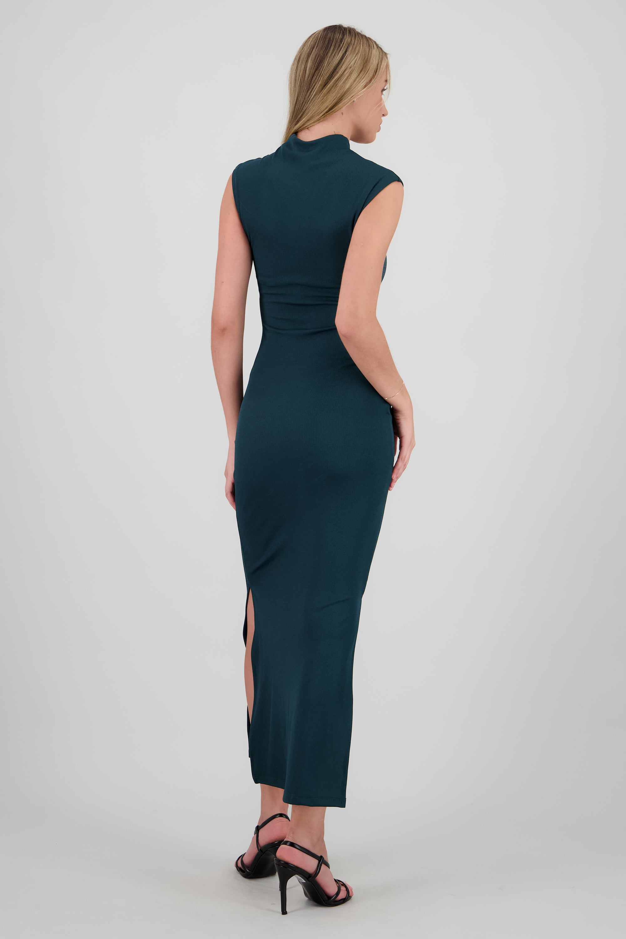 Vestido maxi rib manga corta con abertura Hypsters VERDE CAZADOR
