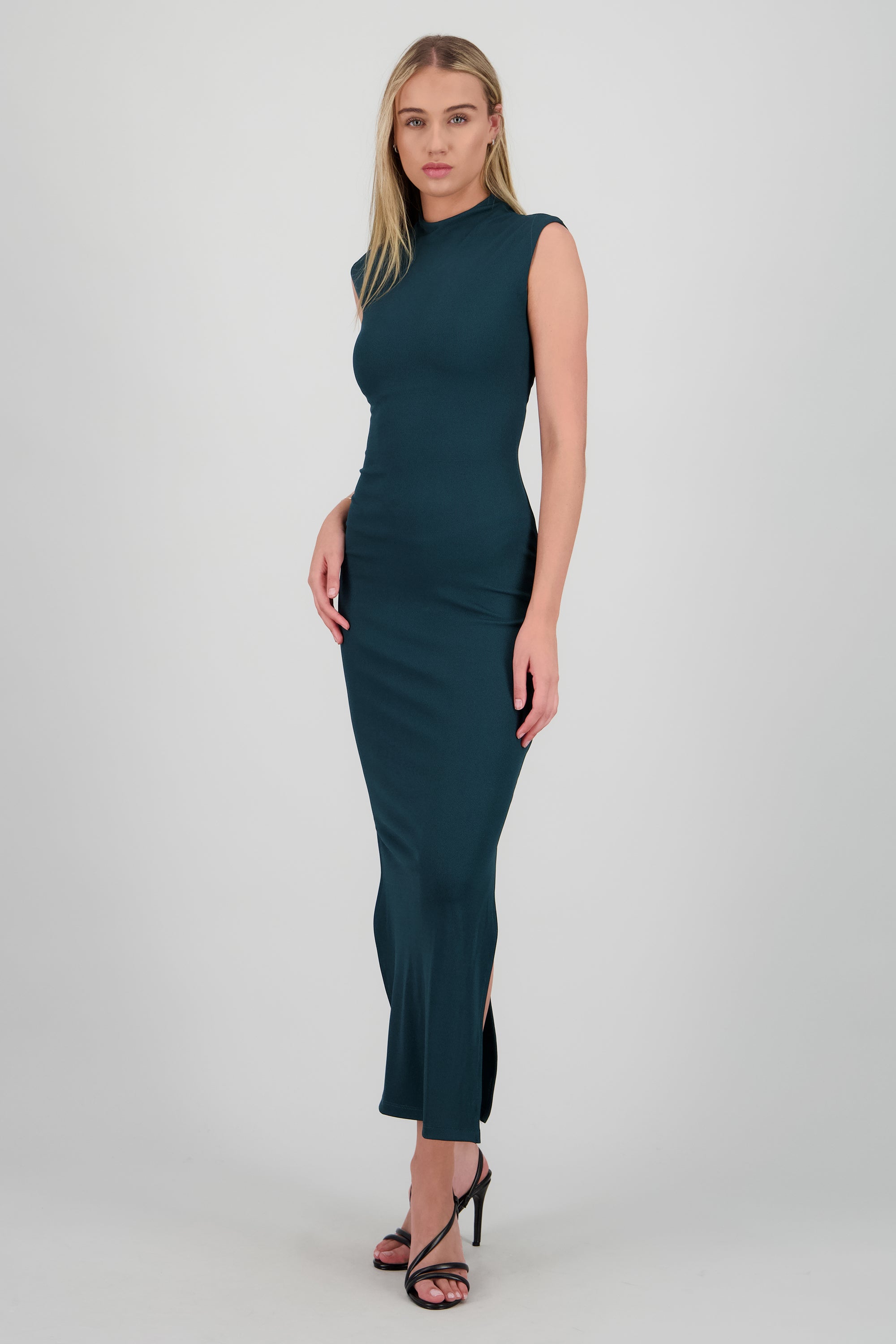 Vestido maxi rib manga corta con abertura Hypsters VERDE CAZADOR