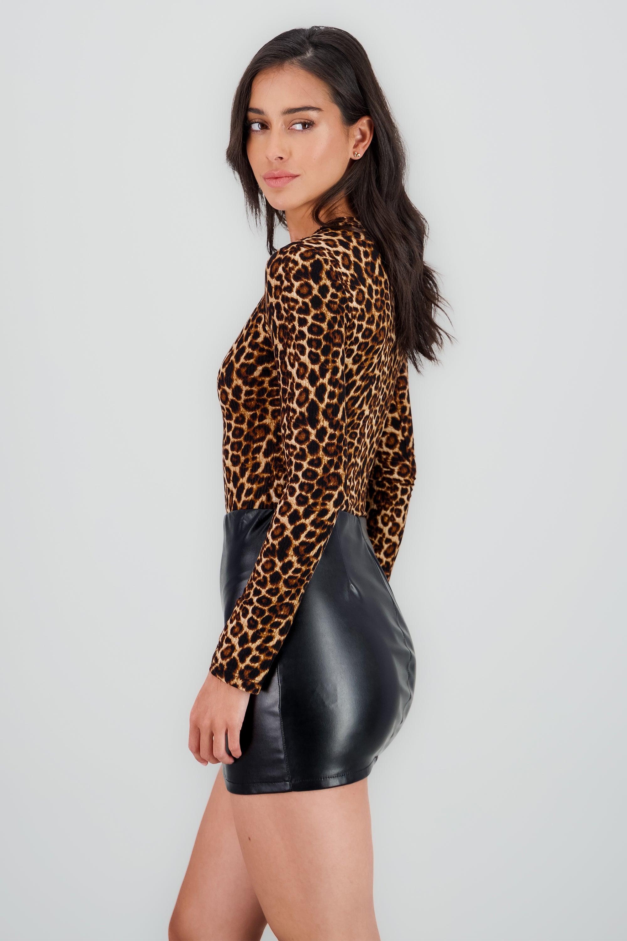 Bodysuit manga larga cuello redondo animal print CAFE COMBO