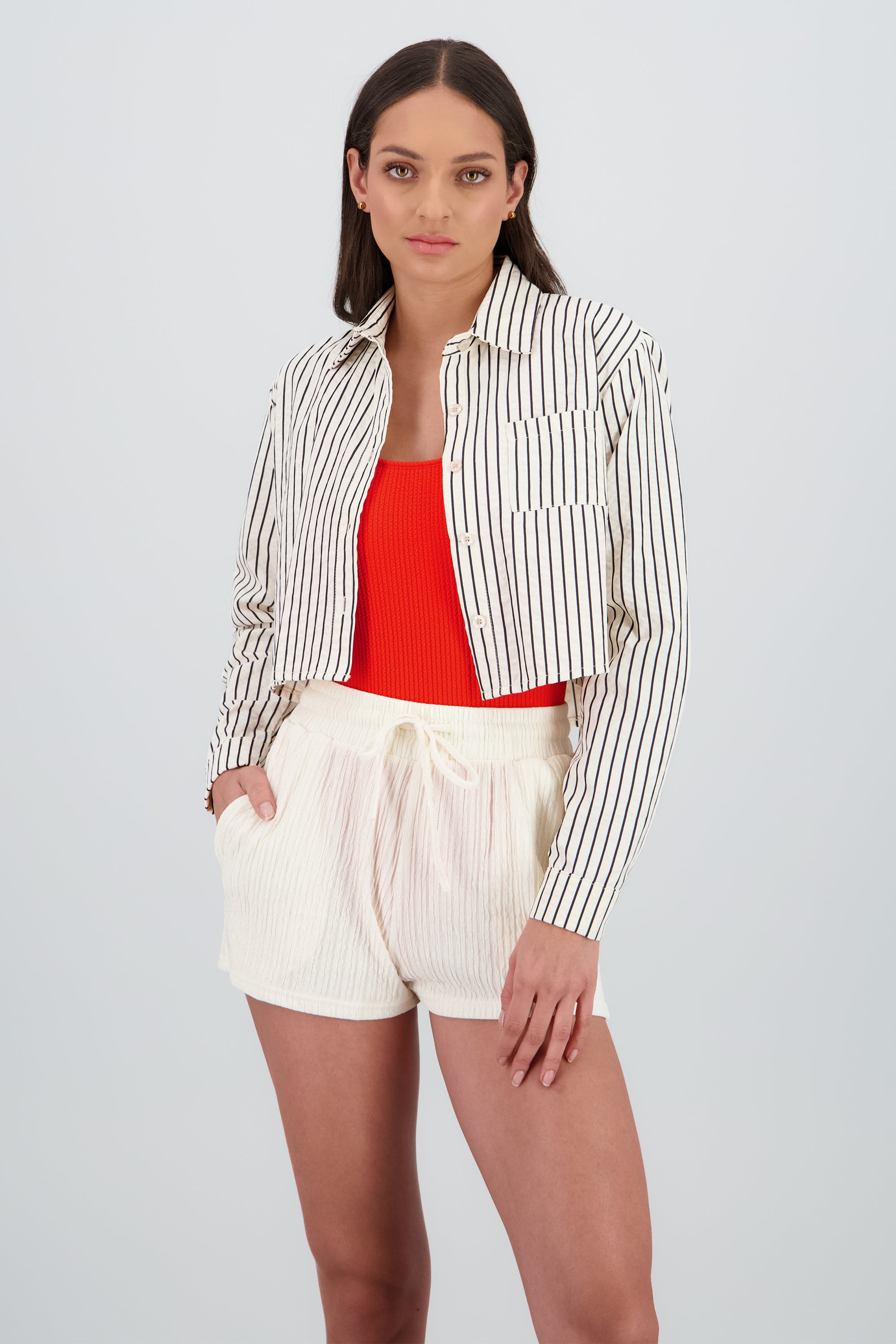 Camisa crop rayas HUESO COMBO