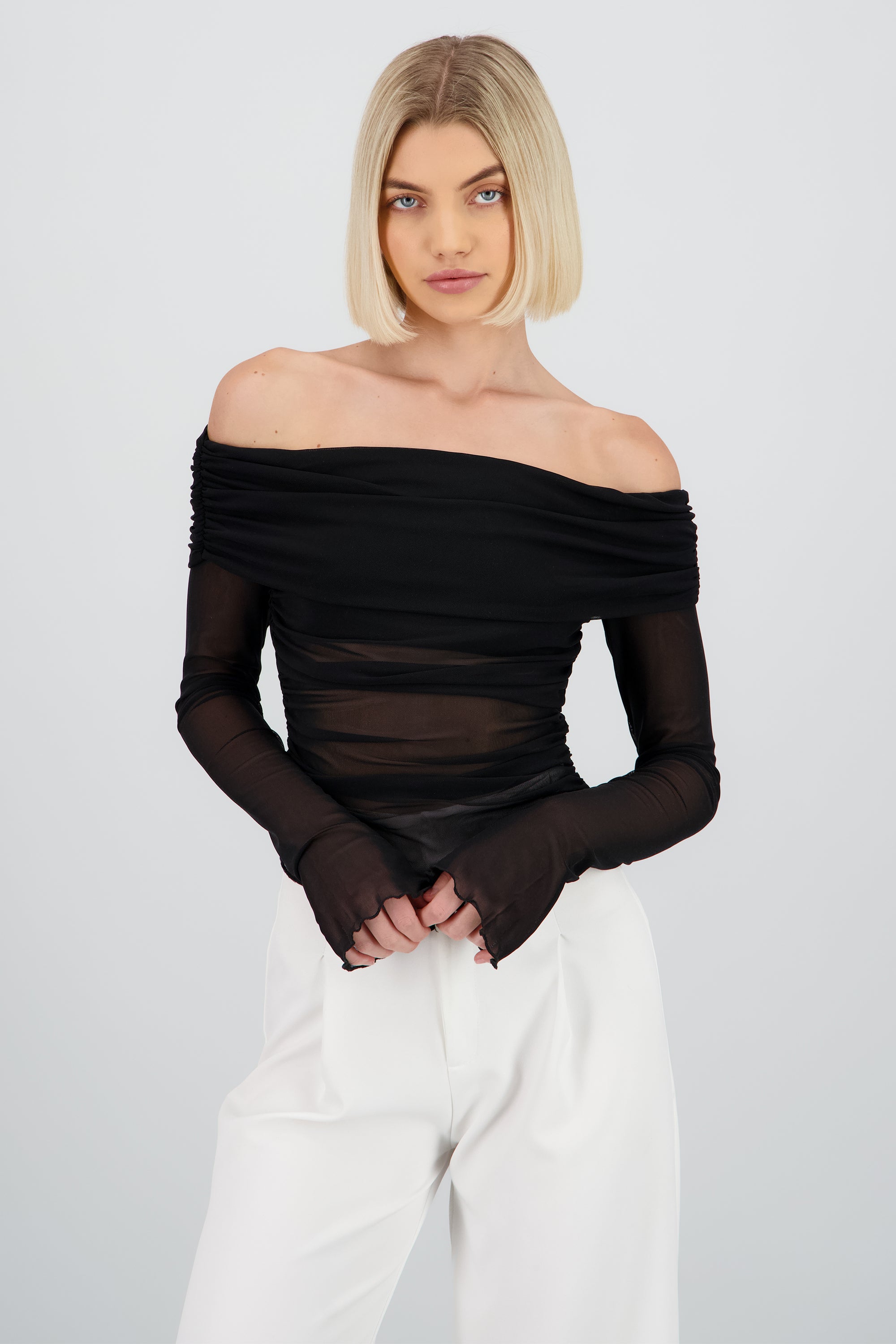 Top off shoulder mesh plisado Hypsters NEGRO