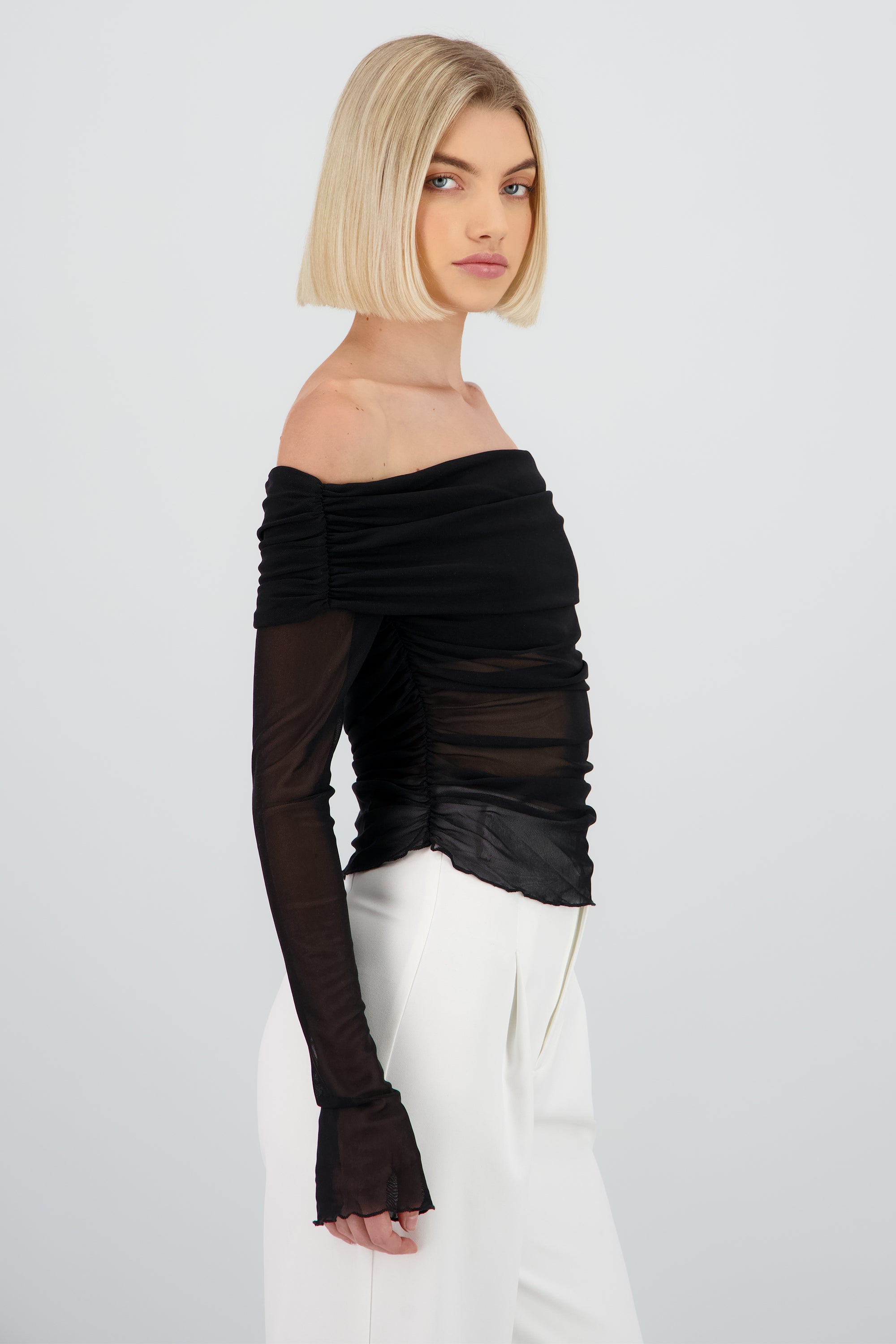 Top off shoulder mesh plisado Hypsters NEGRO