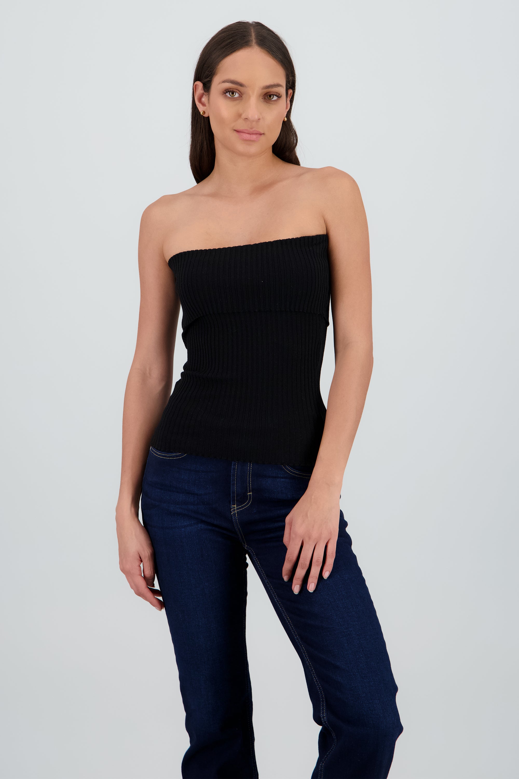 Top strapless con doblez tejido rib NEGRO