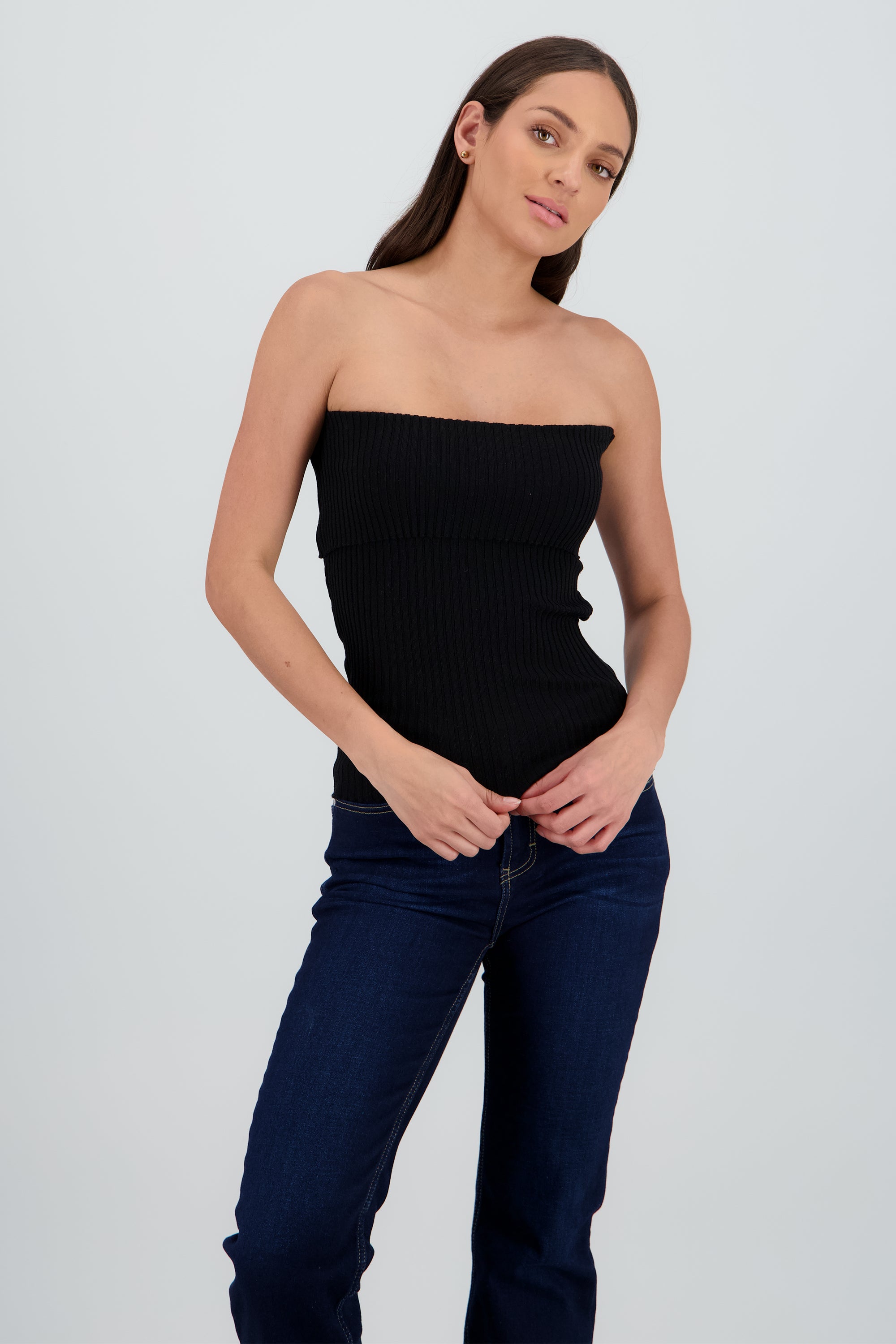 Top strapless con doblez tejido rib NEGRO