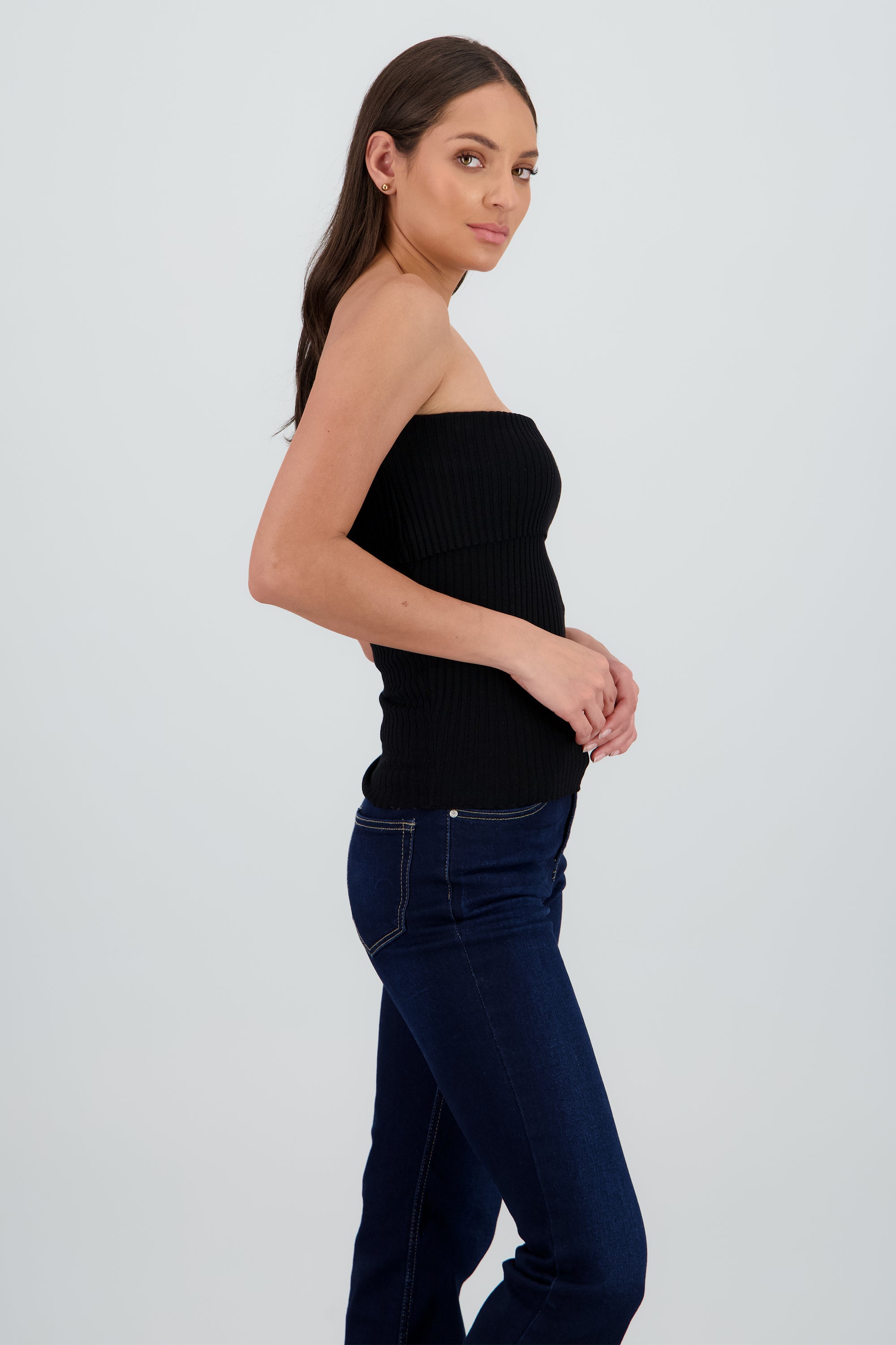 Top strapless con doblez tejido rib NEGRO