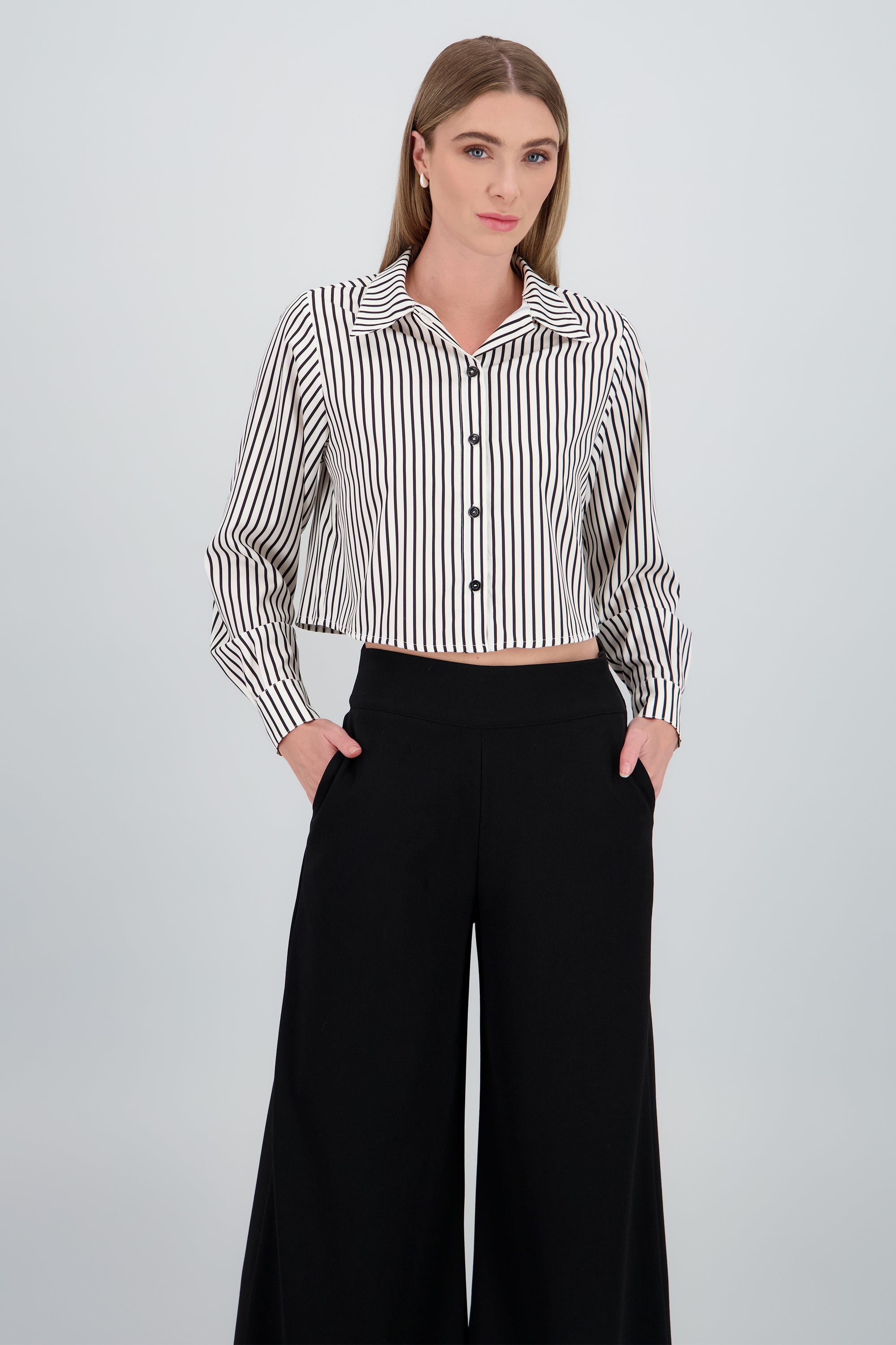 Camisa cropped satinada rayas HUESO COMBO