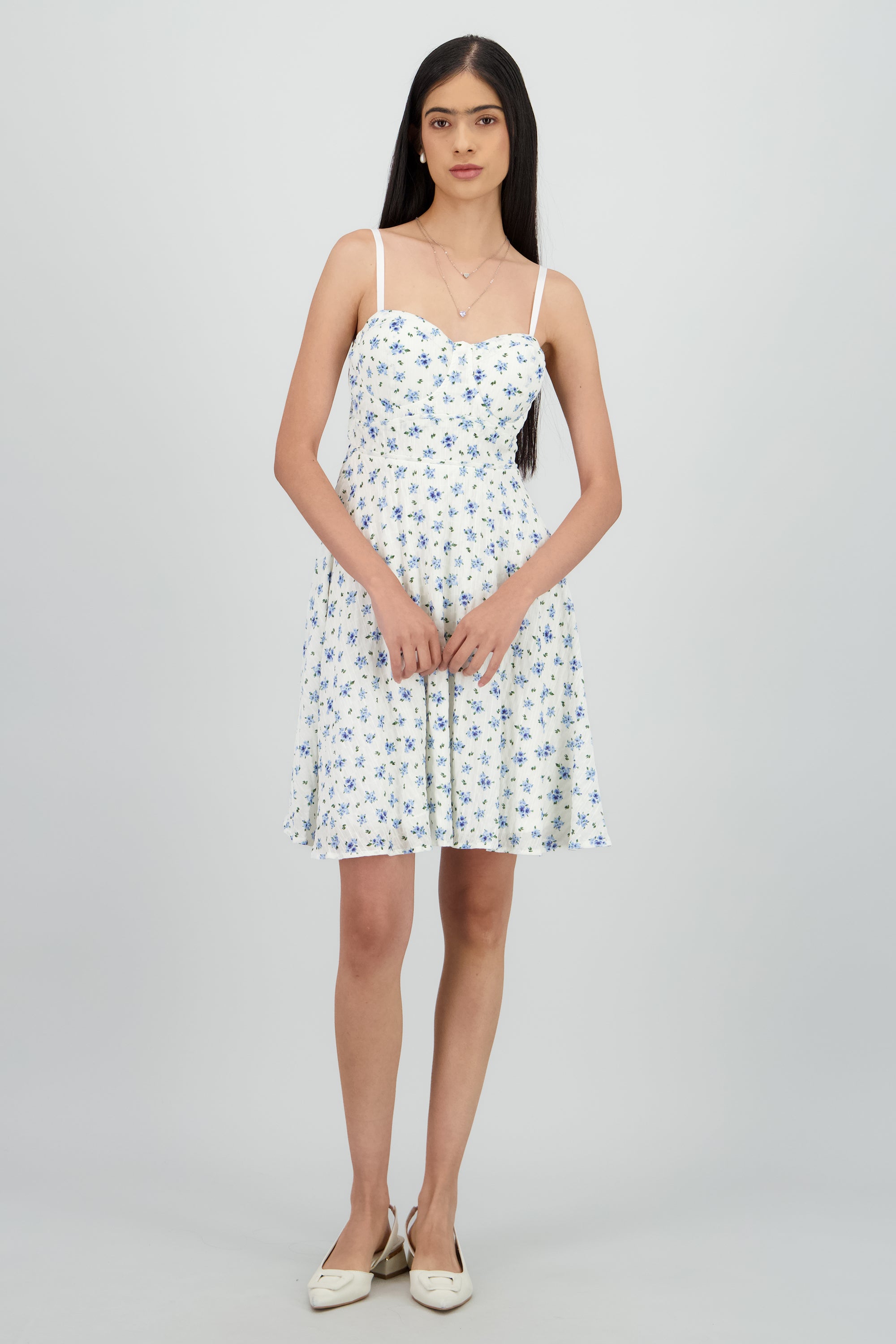 Vestido mini con copas de textura y flores BLANCO COMBO