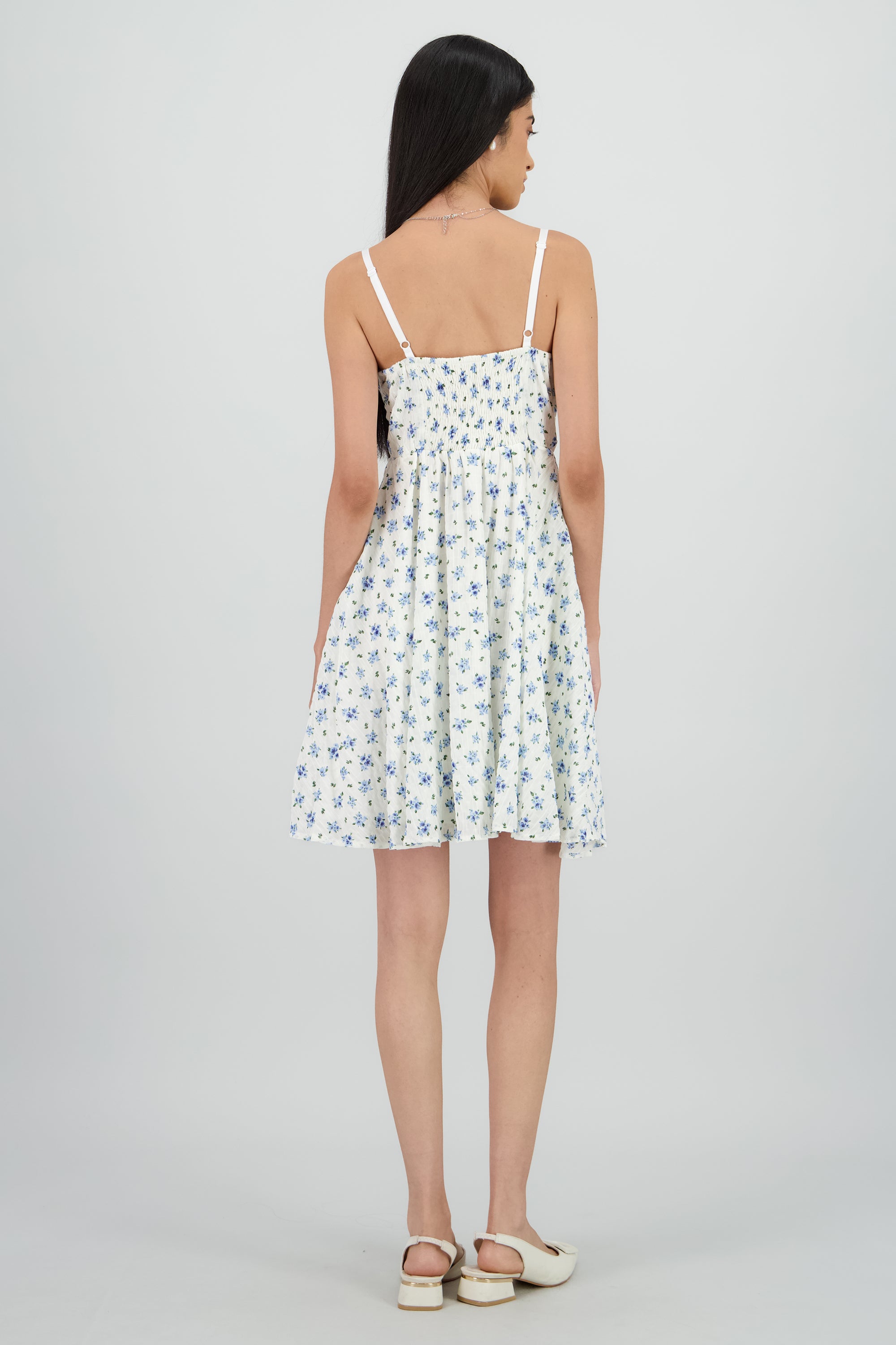 Vestido mini con copas de textura y flores BLANCO COMBO