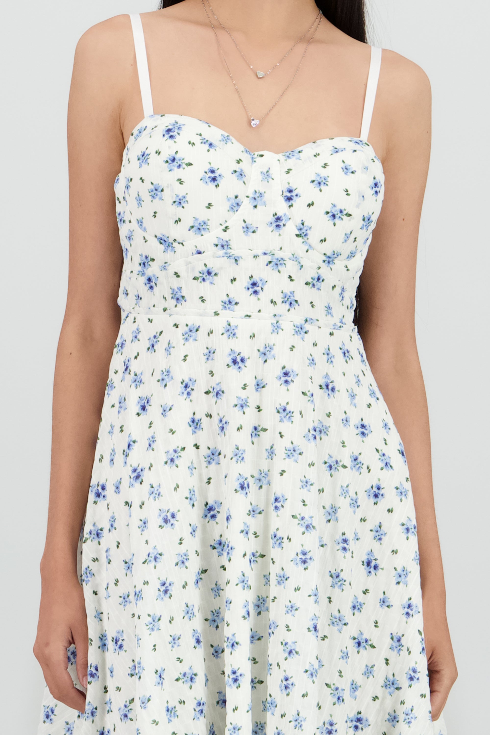 Vestido mini con copas de textura y flores BLANCO COMBO