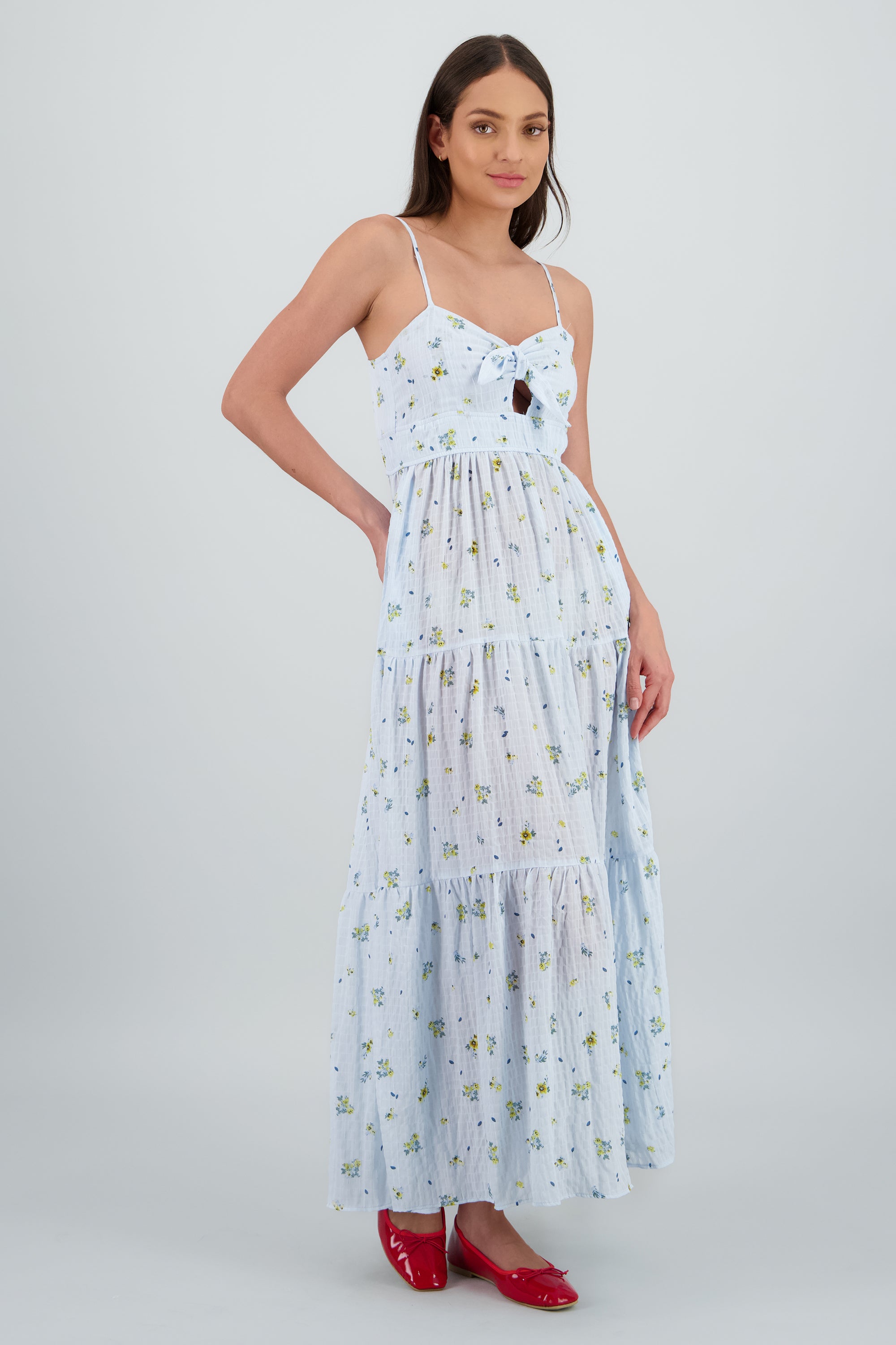 Vestido maxi con nudo de estampado flores AZUL COMBO