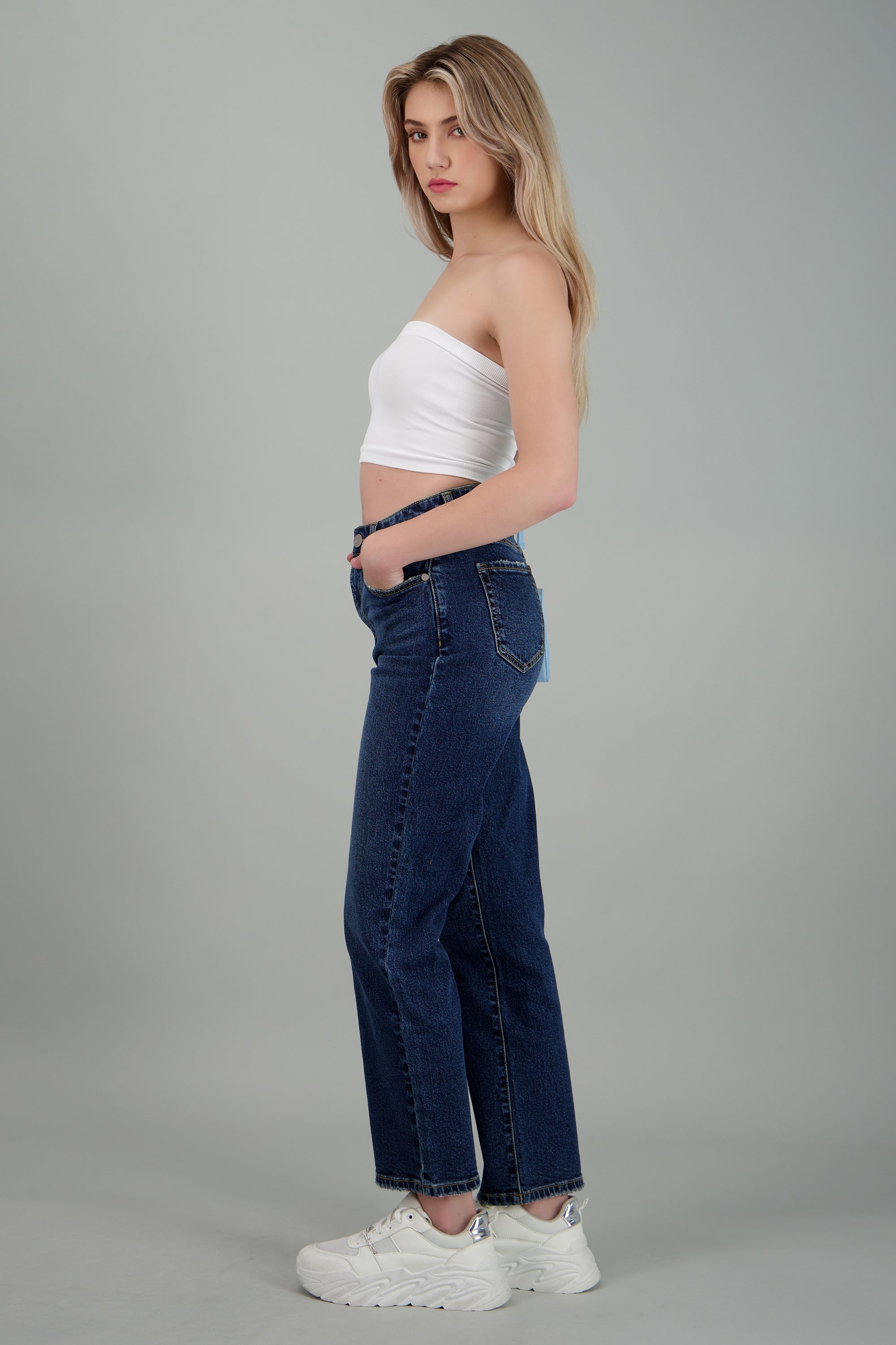 Jeans straight mid rise DARK WASH