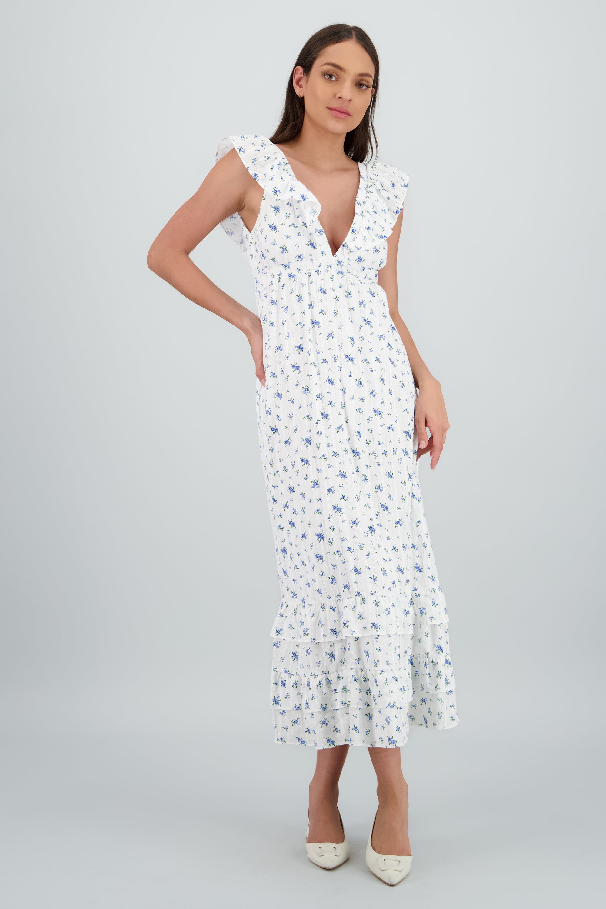 Vestido con escote de olanes de flores BLANCO COMBO