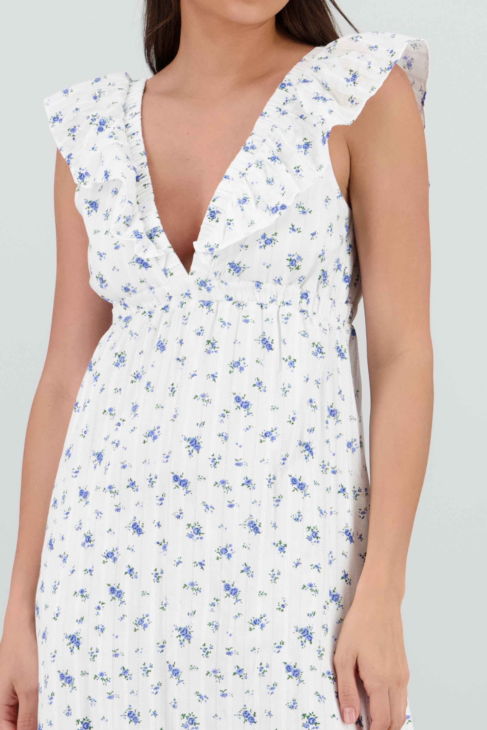 Vestido con escote de olanes de flores BLANCO COMBO