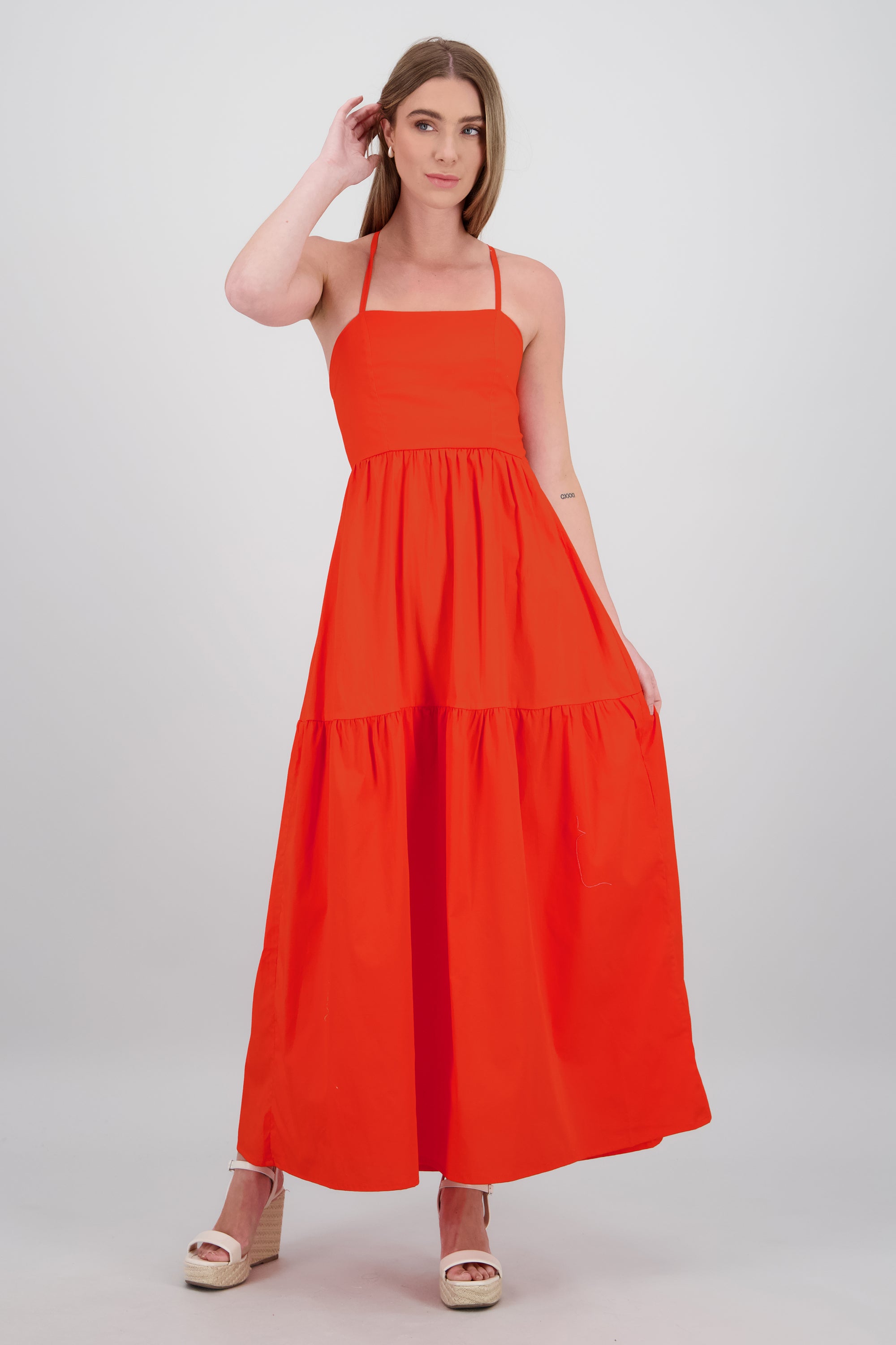 Vestido maxi popleina cruce espalda Hypsters NARANJA