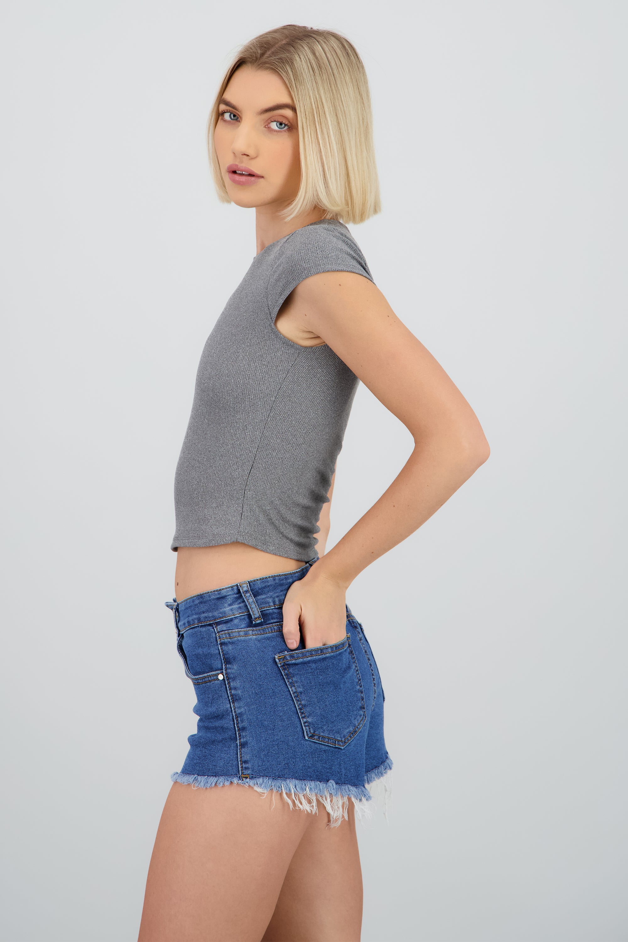 Top ribbed manga corta GRIS