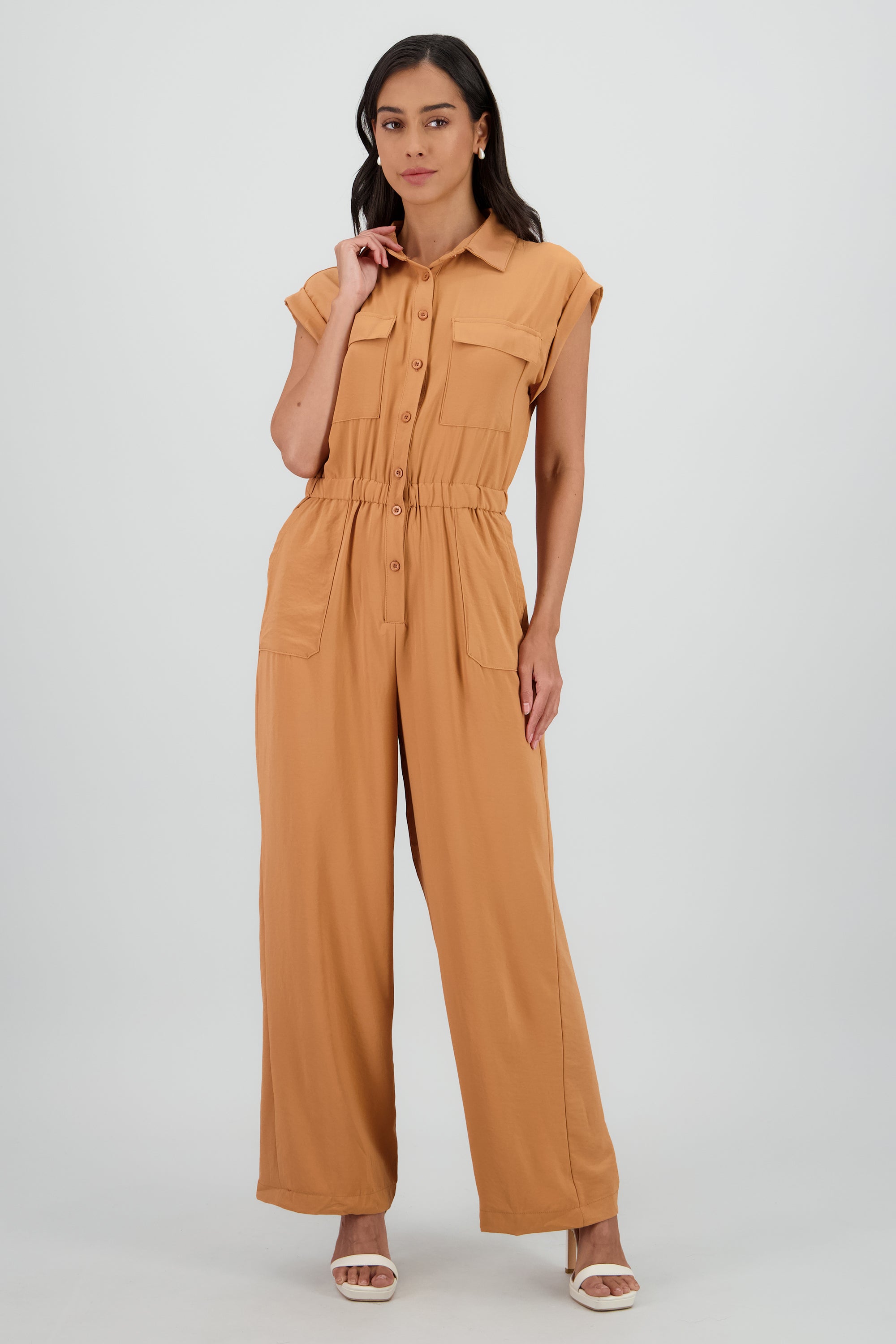 Jumpsuit manga corta con botones LADRILLO