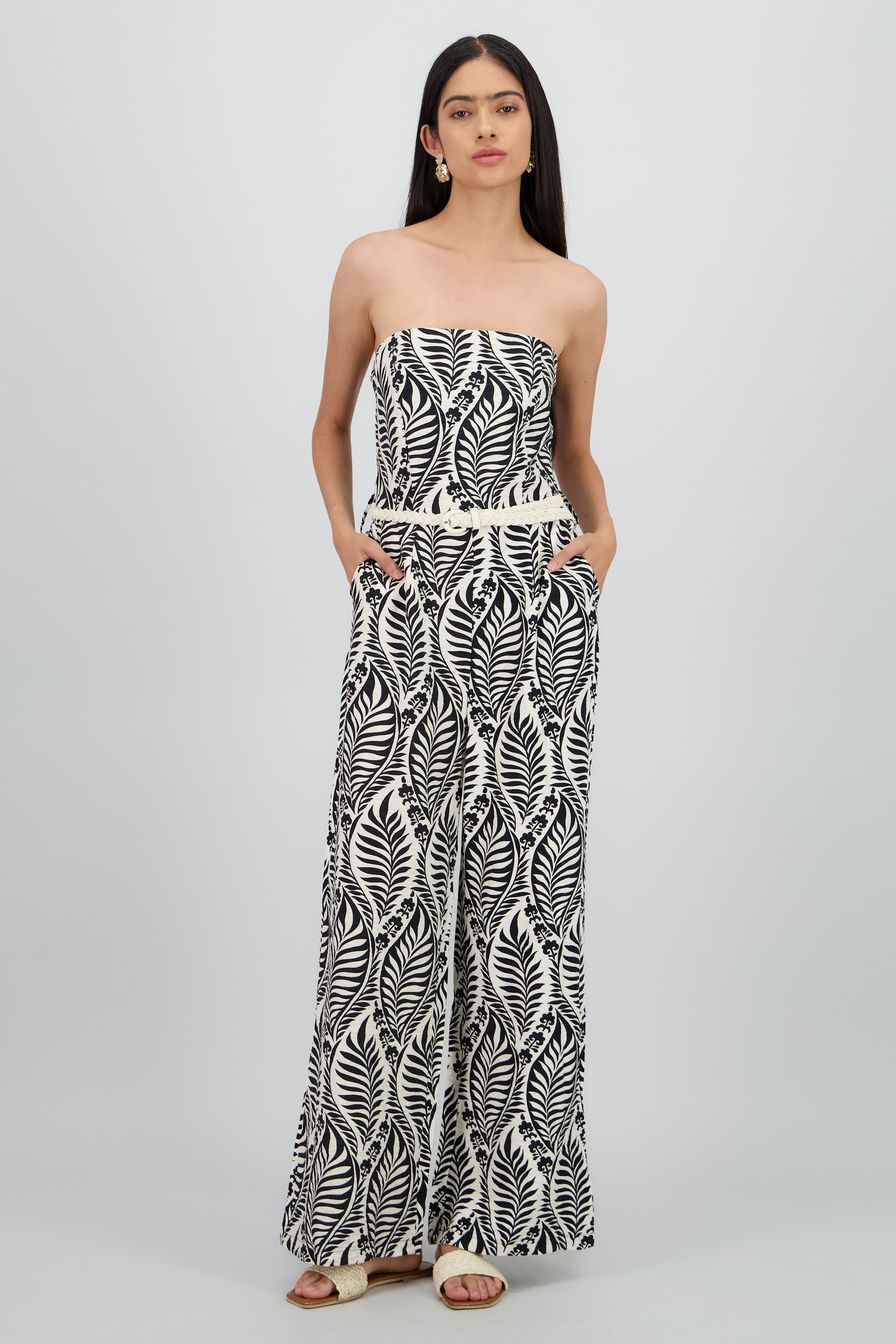 Jumpsuit strapless estampado con cinturon NEGRO COMBO