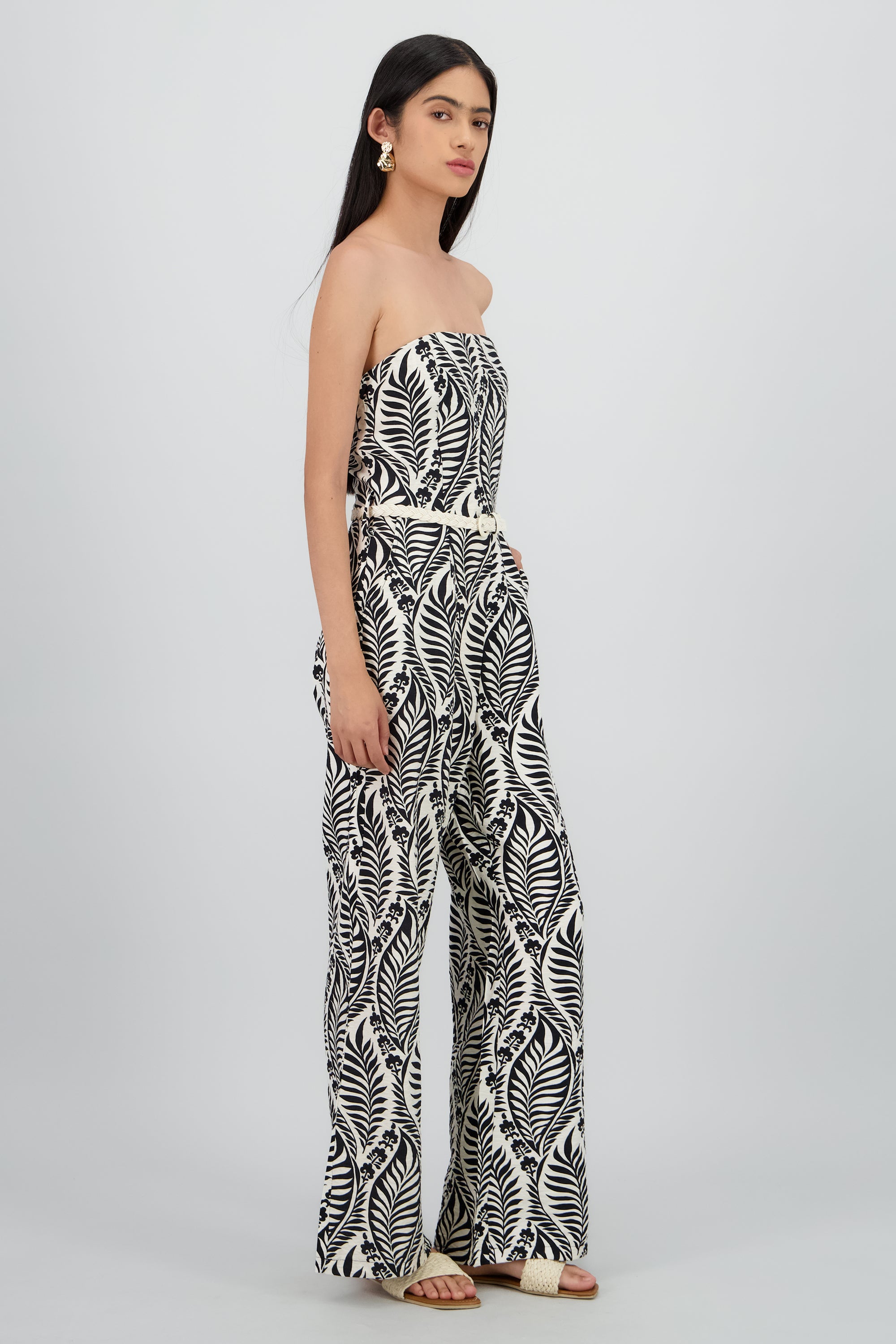Jumpsuit strapless estampado con cinturon NEGRO COMBO