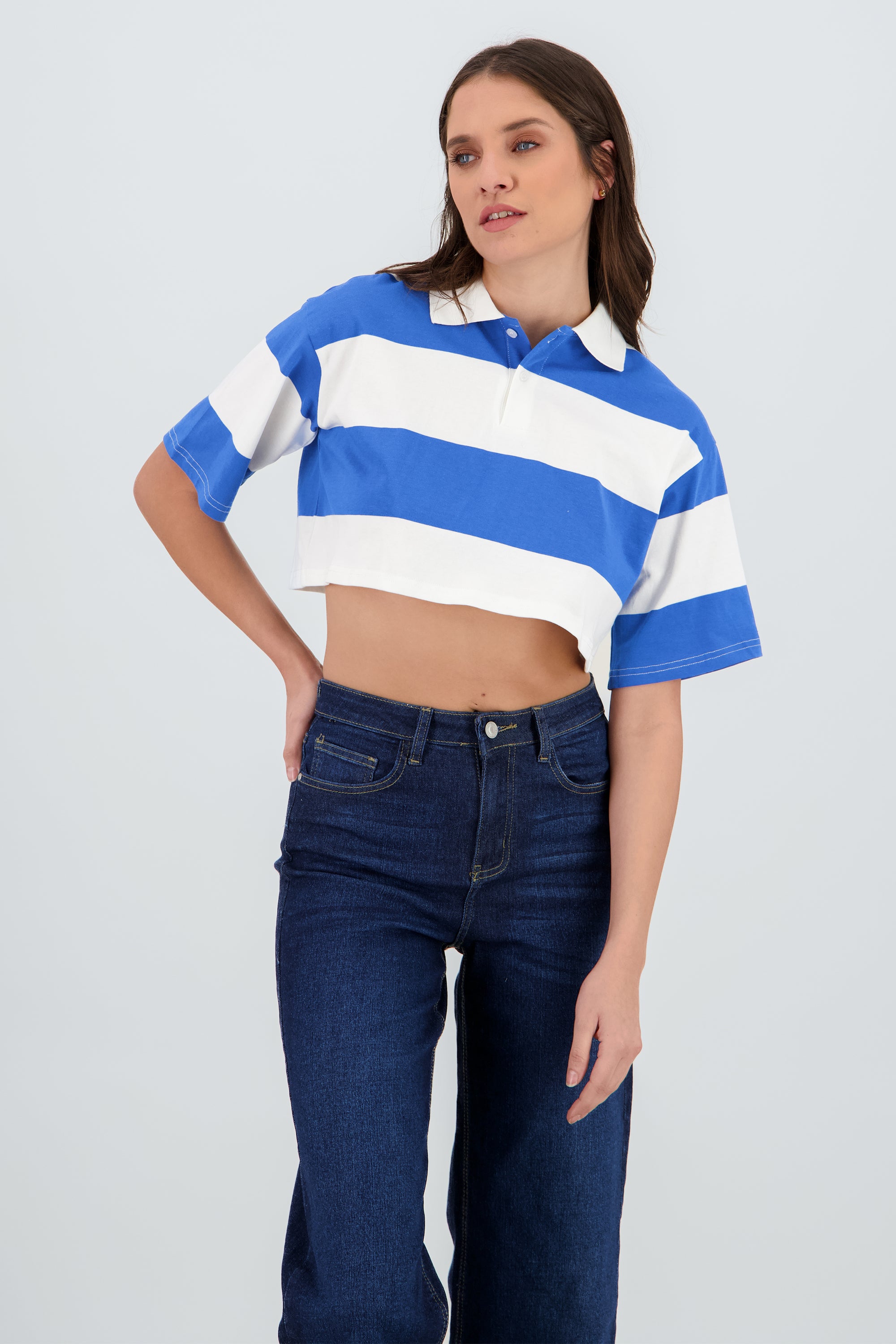 T-shirt crop cuello polo detalle rayas AZUL COMBO