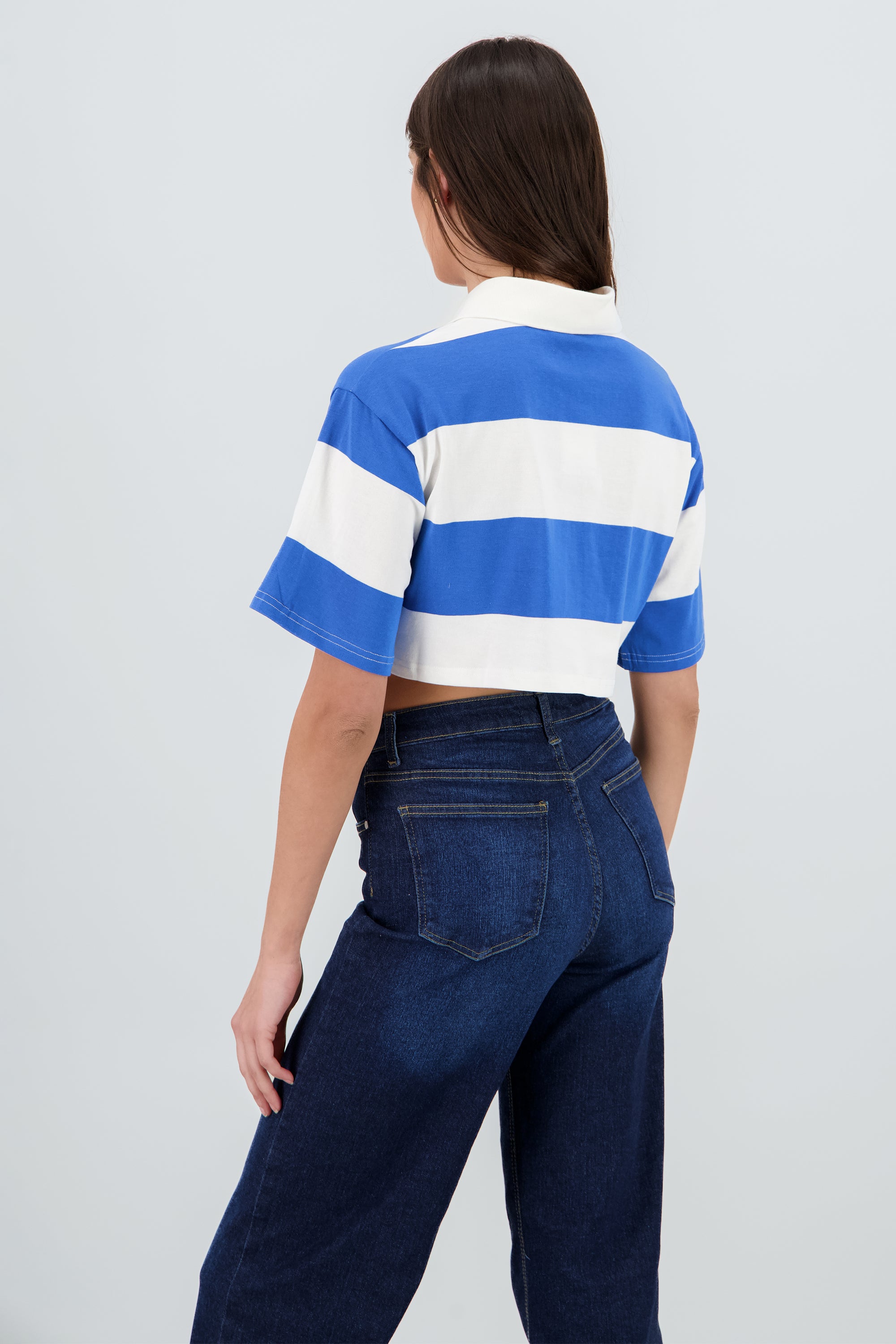 T-shirt crop cuello polo detalle rayas AZUL COMBO