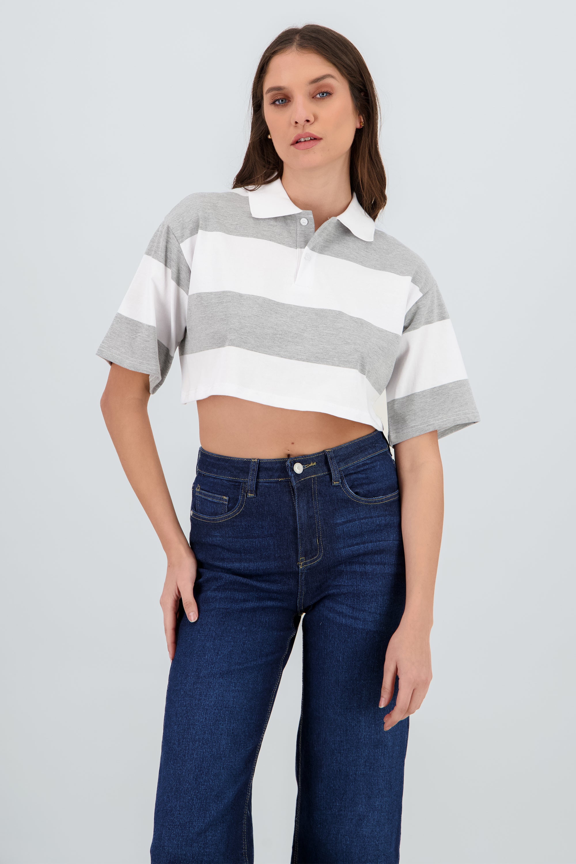 T-shirt crop cuello polo detalle rayas BLANCO COMBO