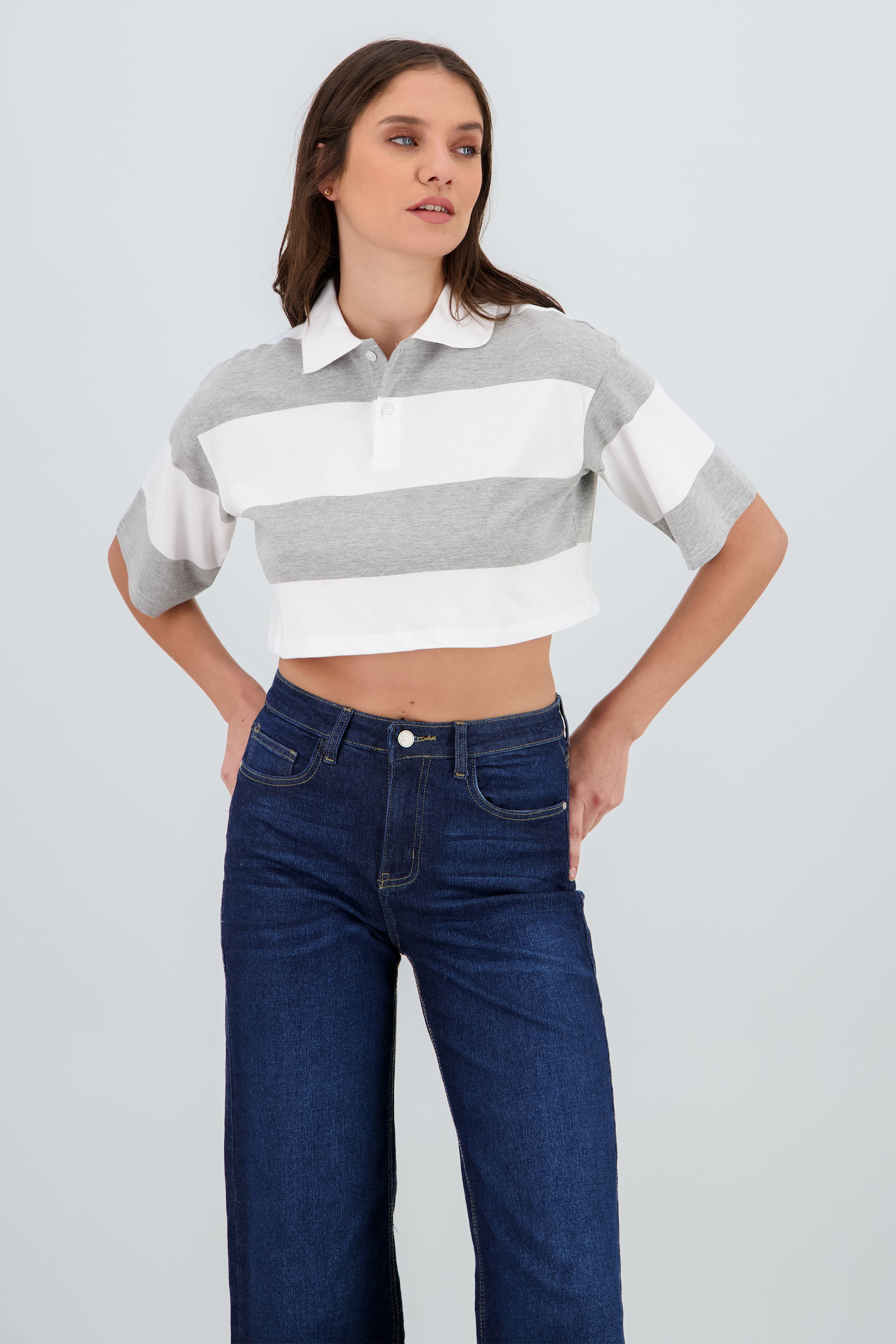 T-shirt crop cuello polo detalle rayas BLANCO COMBO