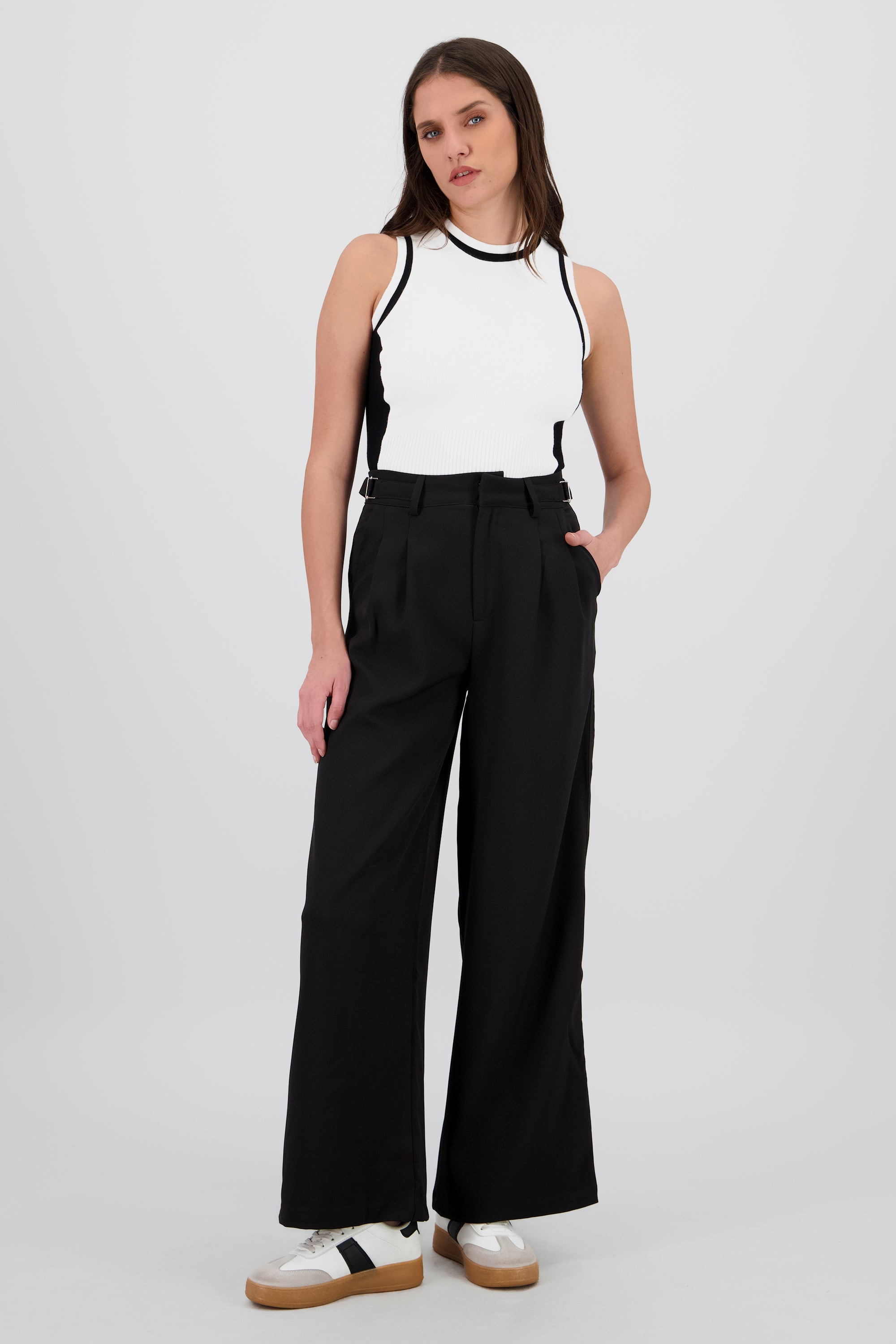 Pantalon wide leg detalle pretina NEGRO