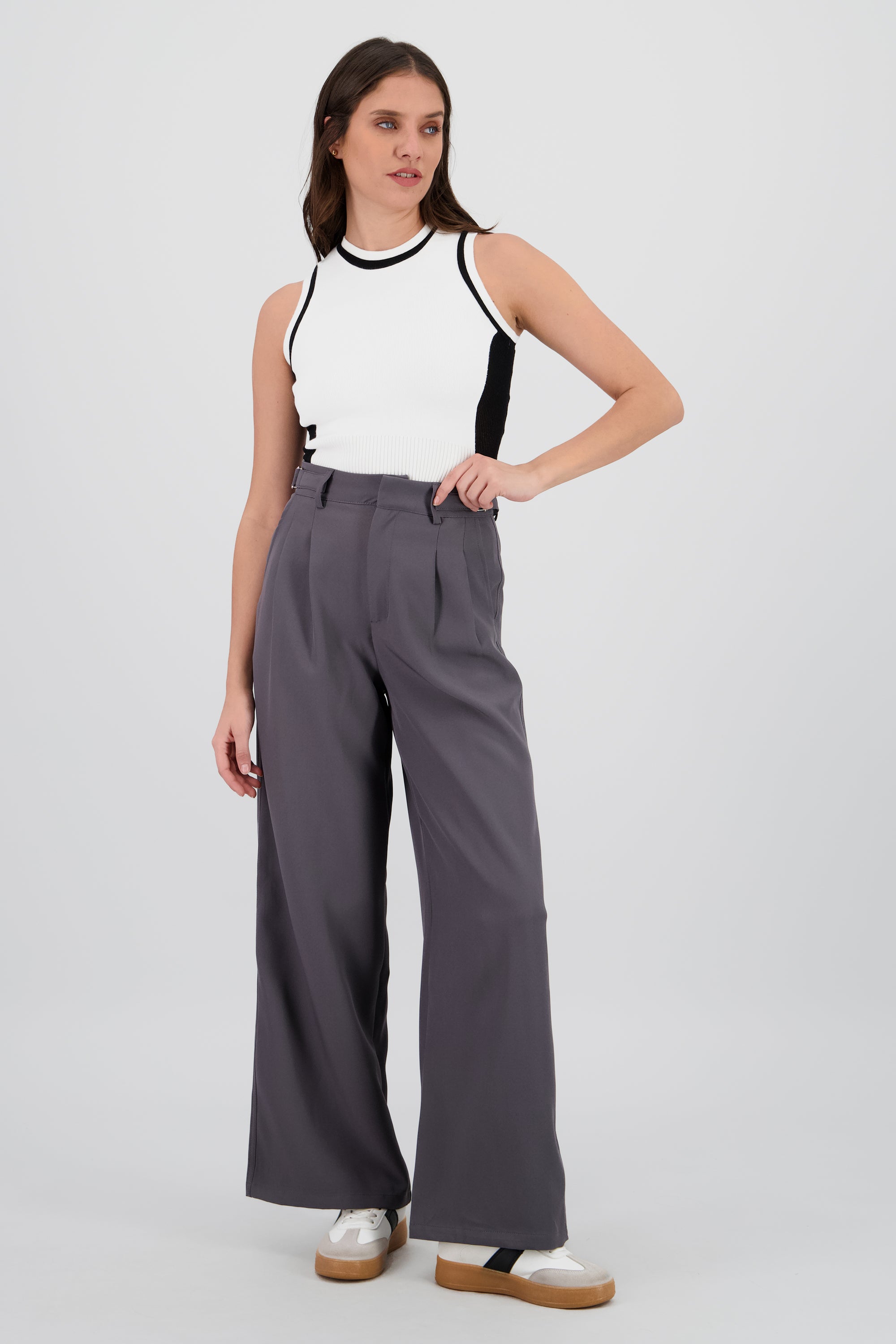 Pantalon wide leg detalle pretina GRIS