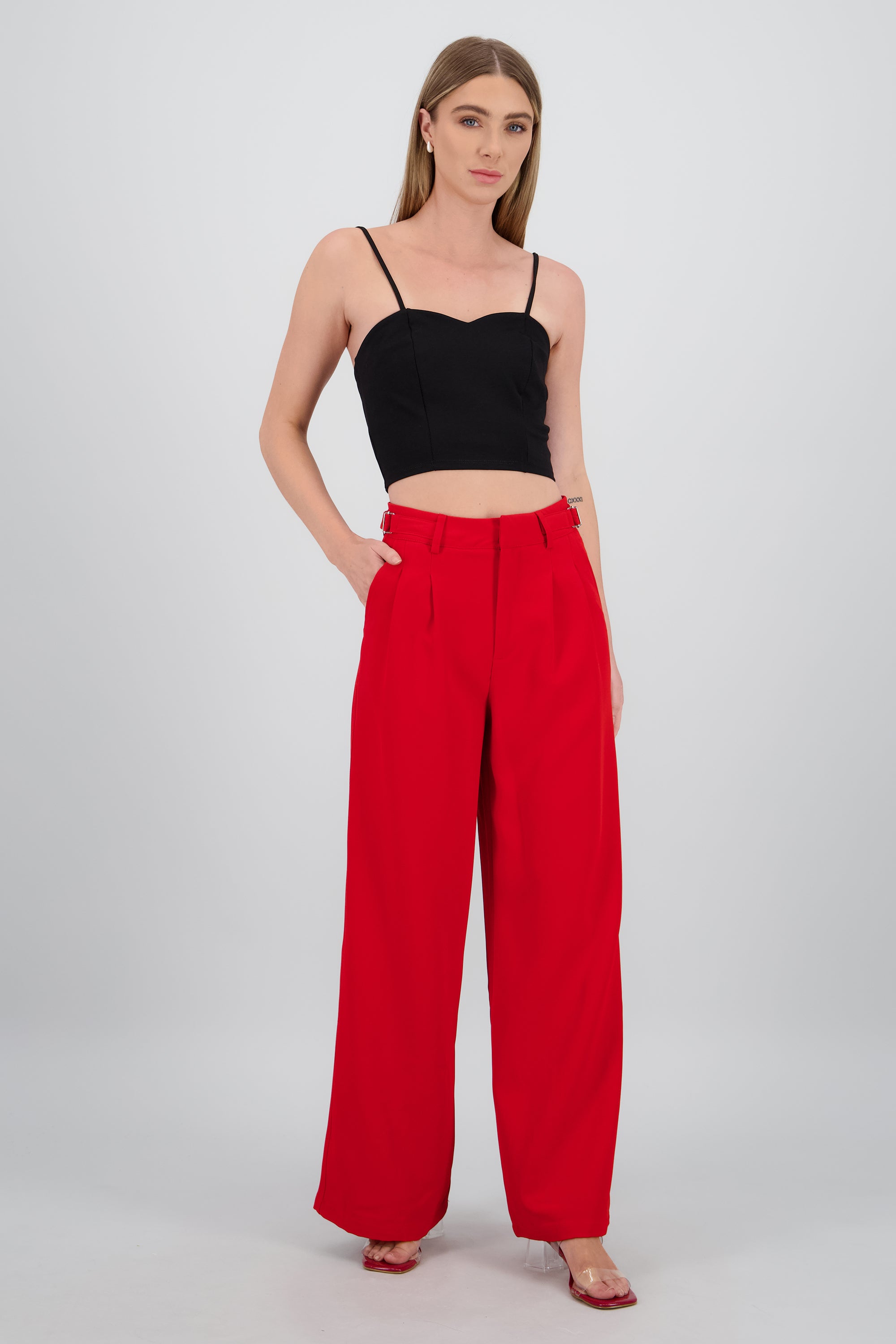 Pantalon wide leg detalle pretina ROJO