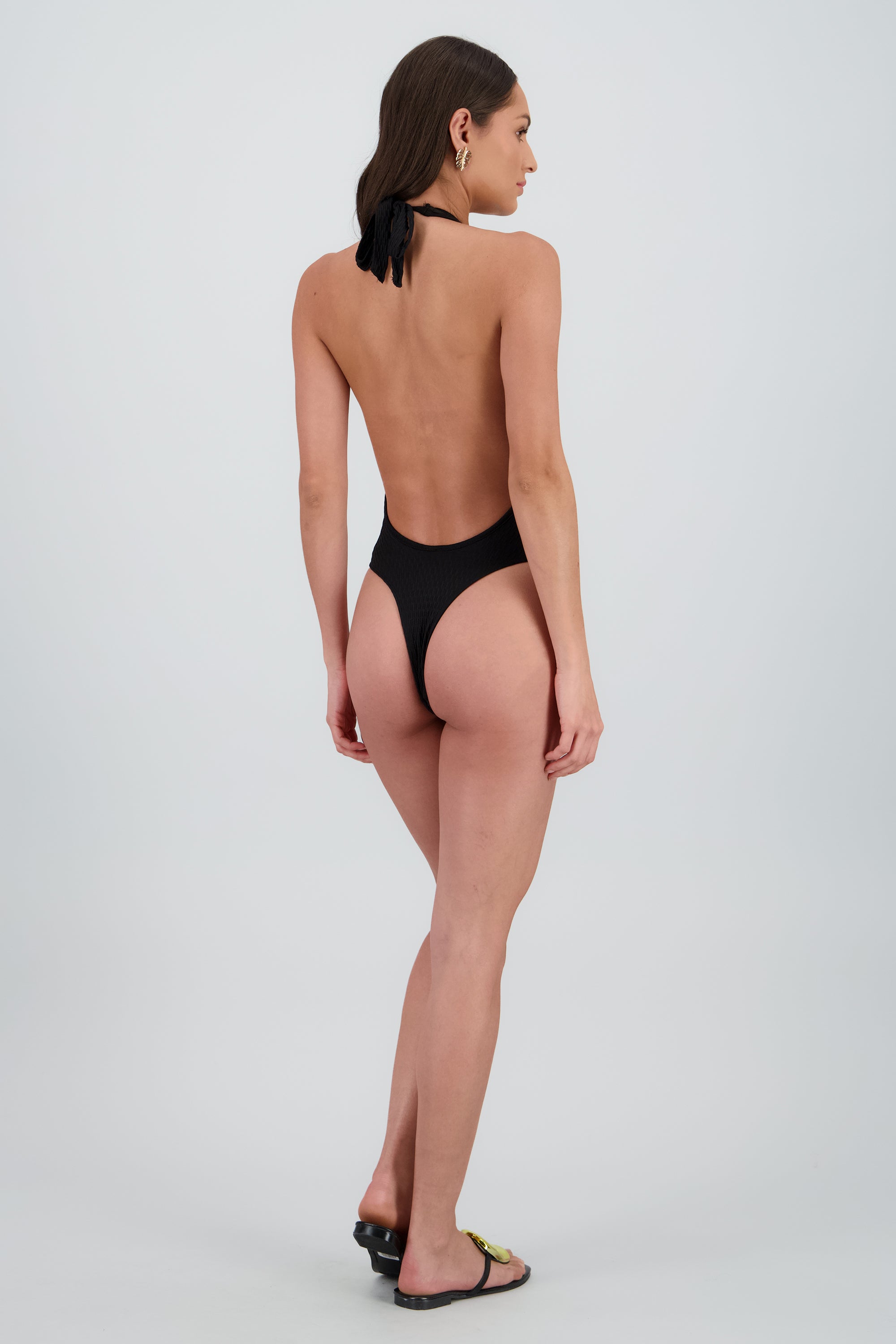 Traje de baño escote V textura frunce NEGRO