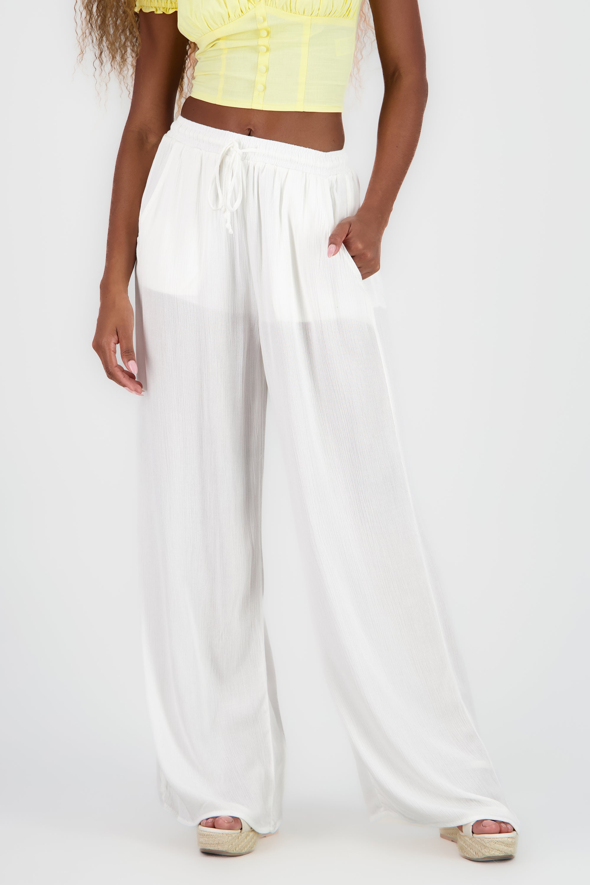 Pantalon amplio con detalle jareta BLANCO