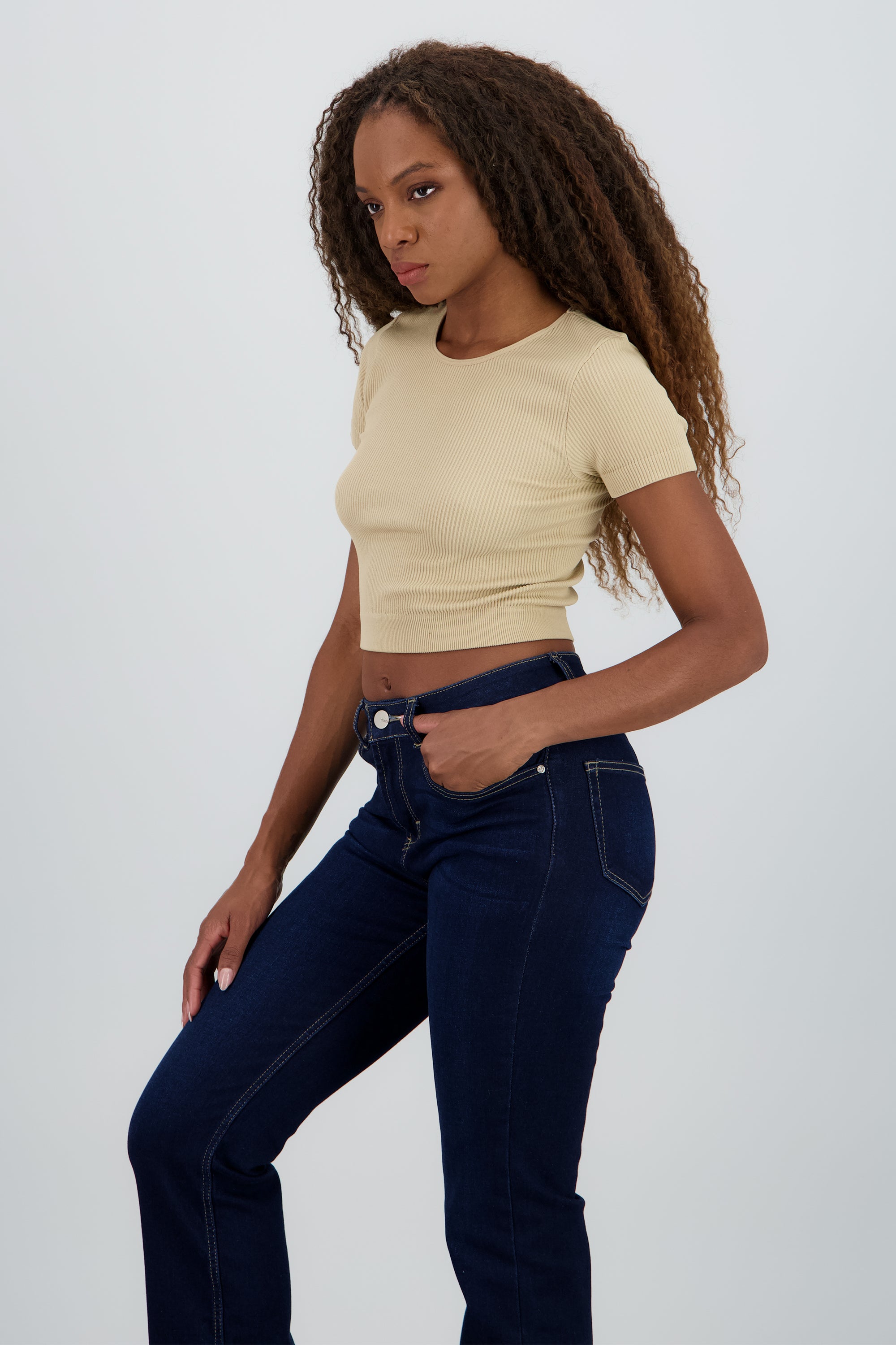 Top corto rib manga corta KHAKI