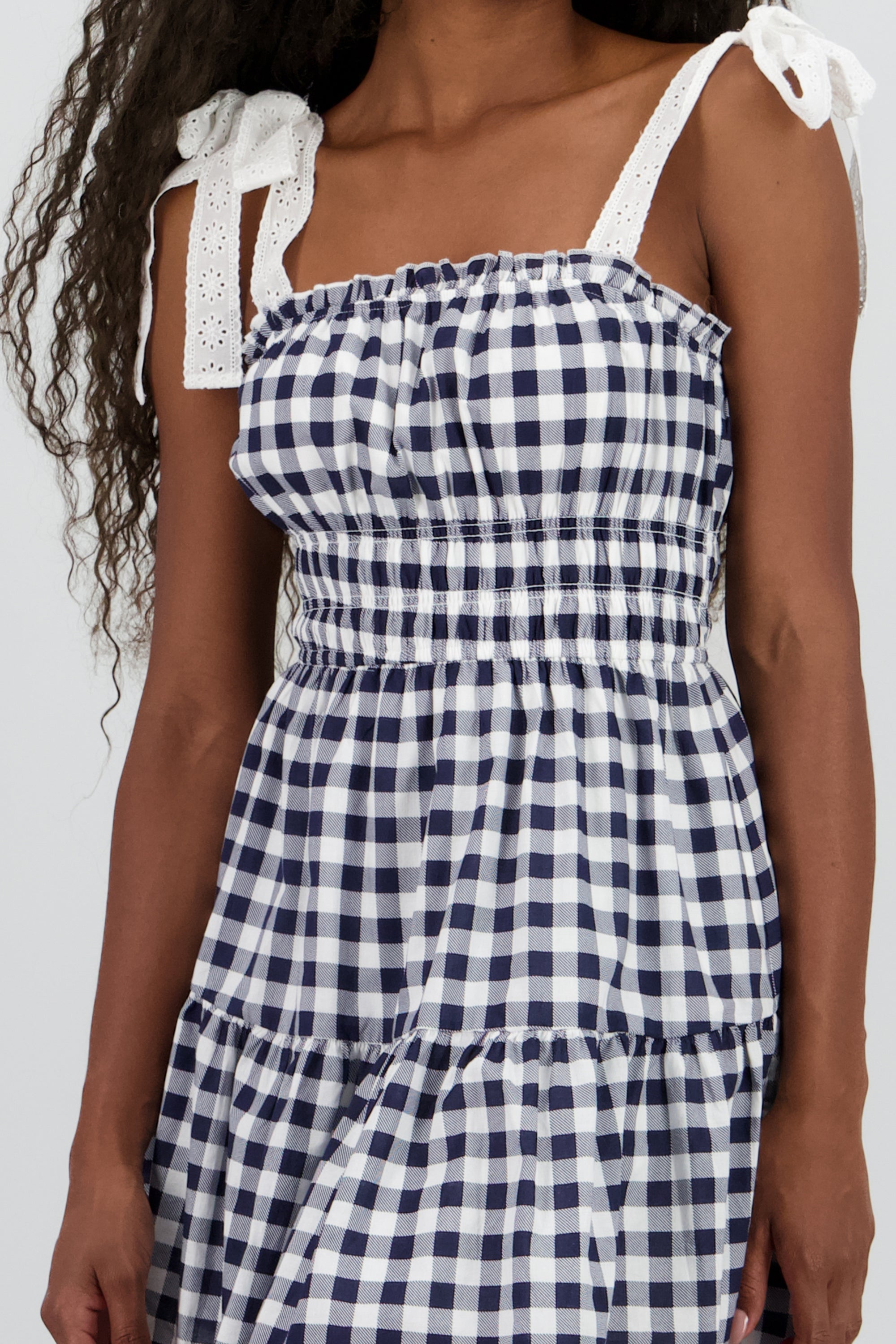 Vestido mini gingham tirantes moño MARINO COMBO