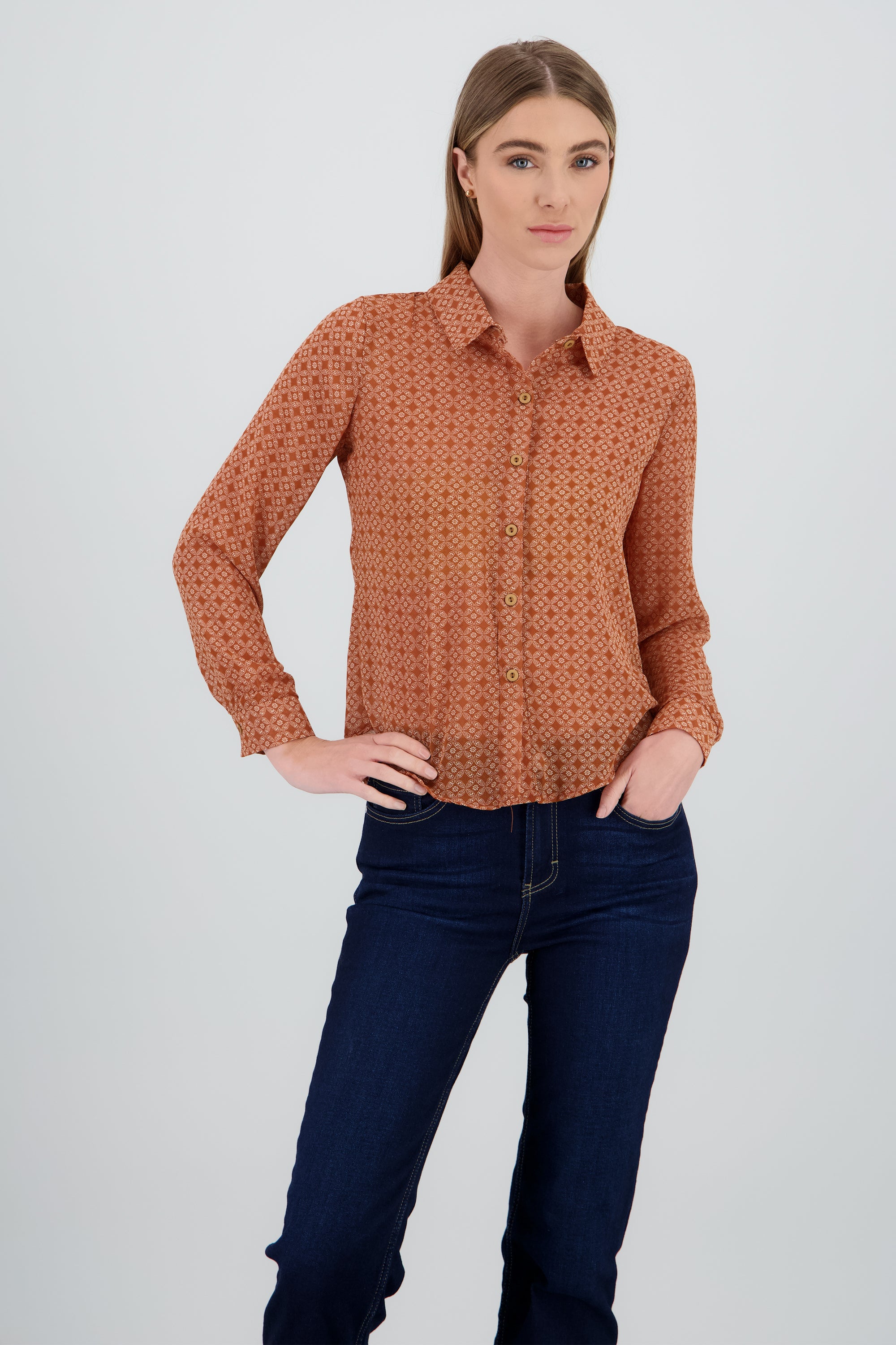 Camisa manga larga cuello botones NARANJA COMBO