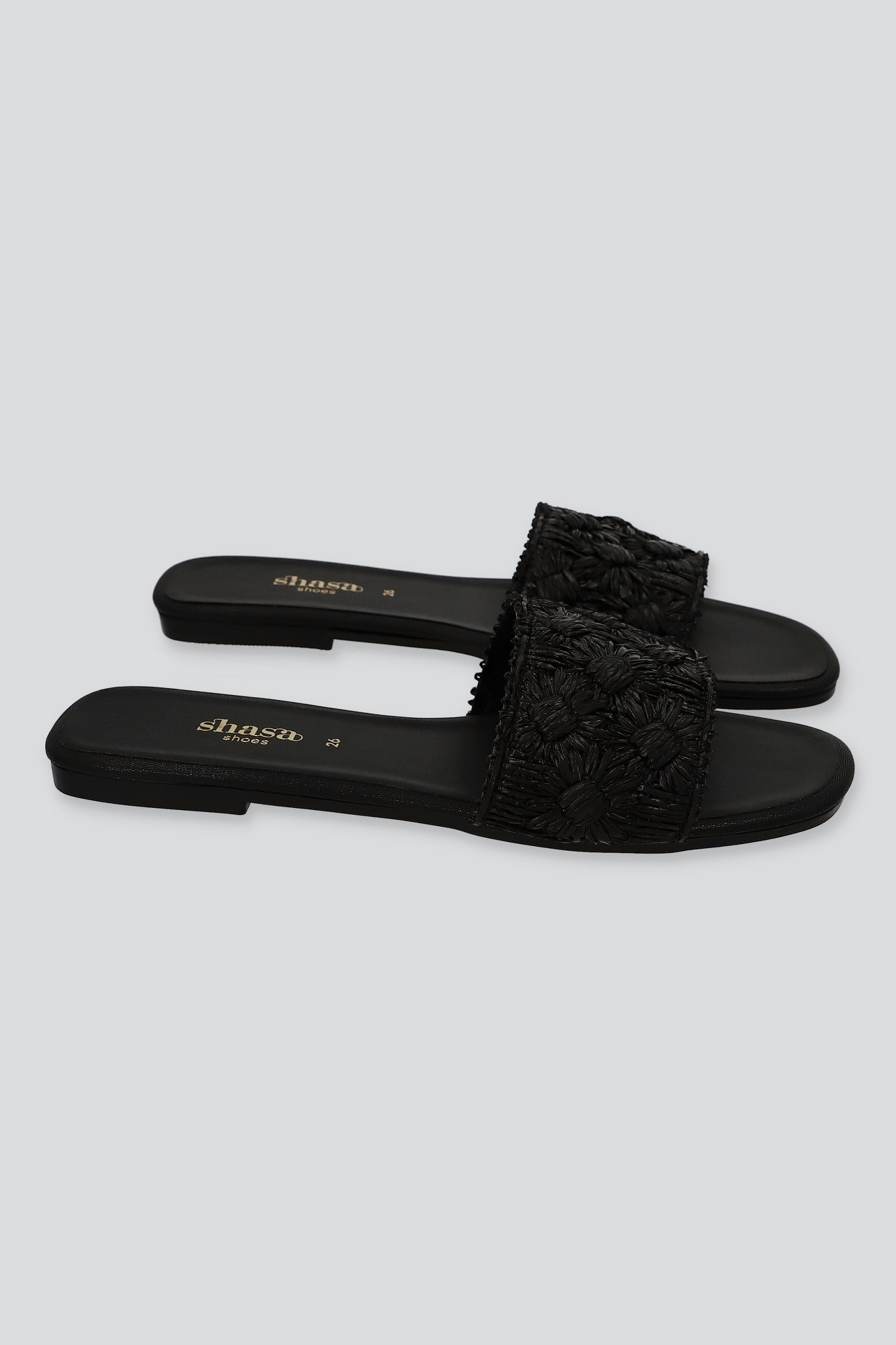 Sandalia tira ancha textura flores NEGRO