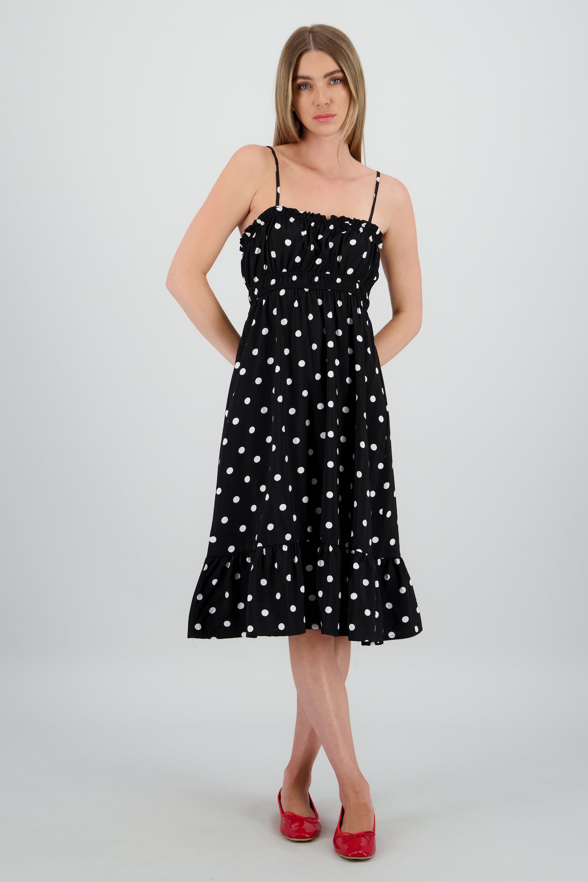 Vestido midi polkas tirantes NEGRO COMBO