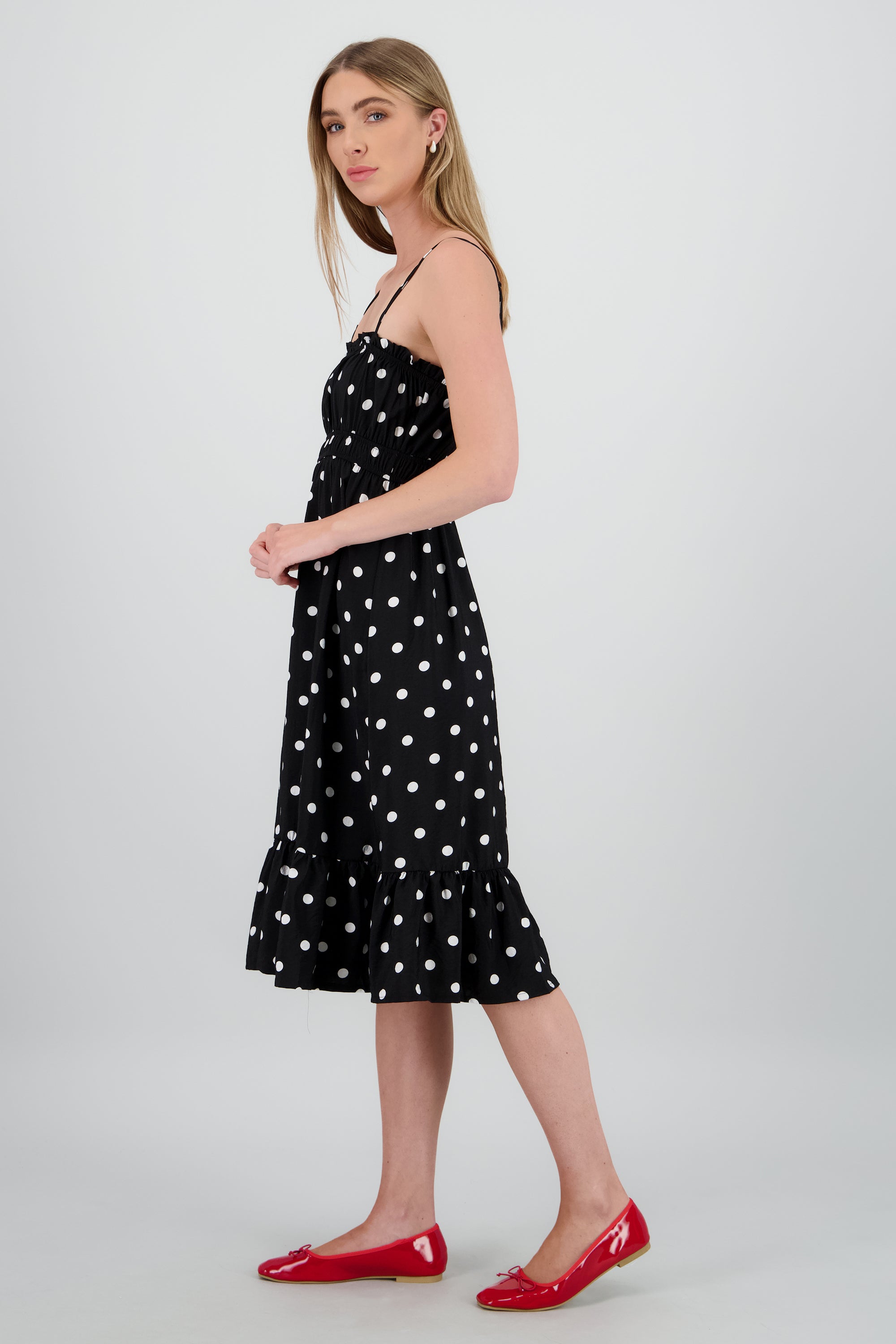 Vestido midi polkas tirantes NEGRO COMBO