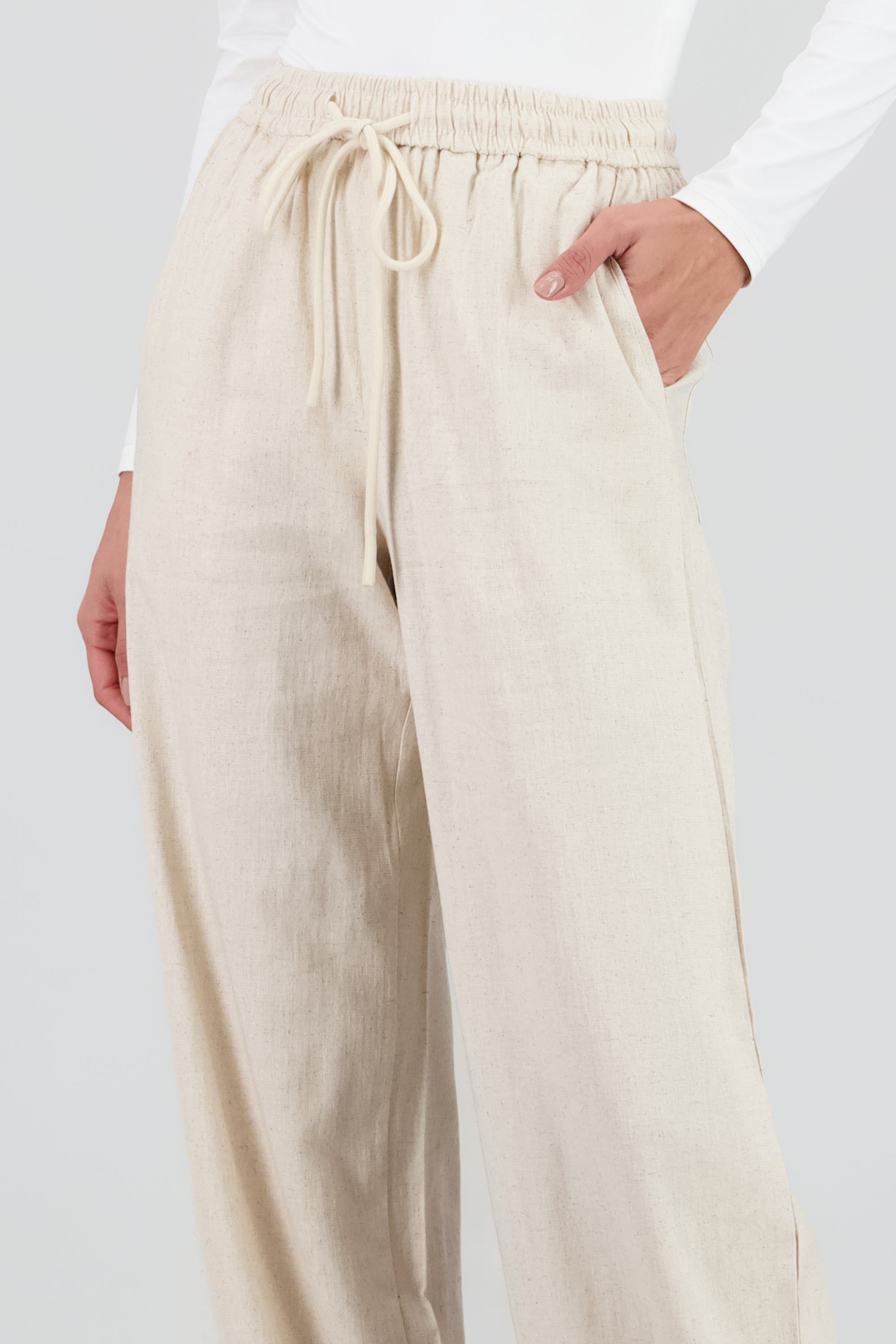 Pantalon recto liso detalle resorte jareta BEIGE
