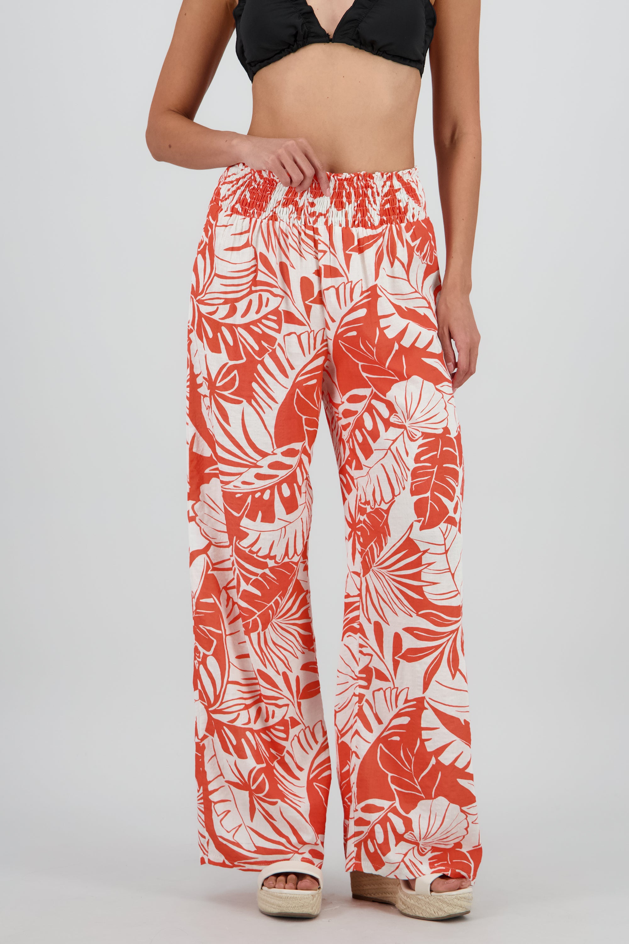 Pantalon recto detalle smock ancho NARANJA COMBO
