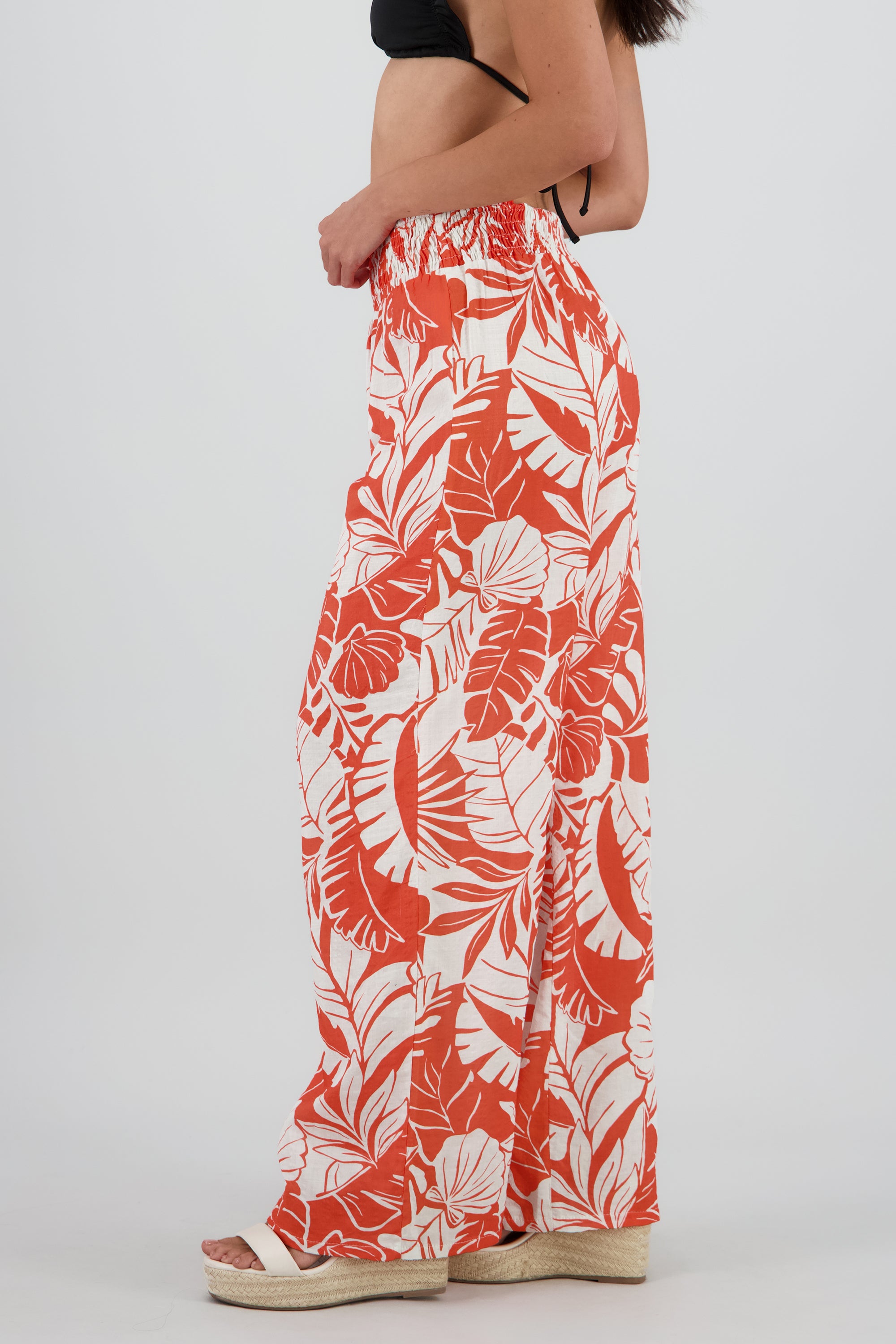 Pantalon recto detalle smock ancho NARANJA COMBO