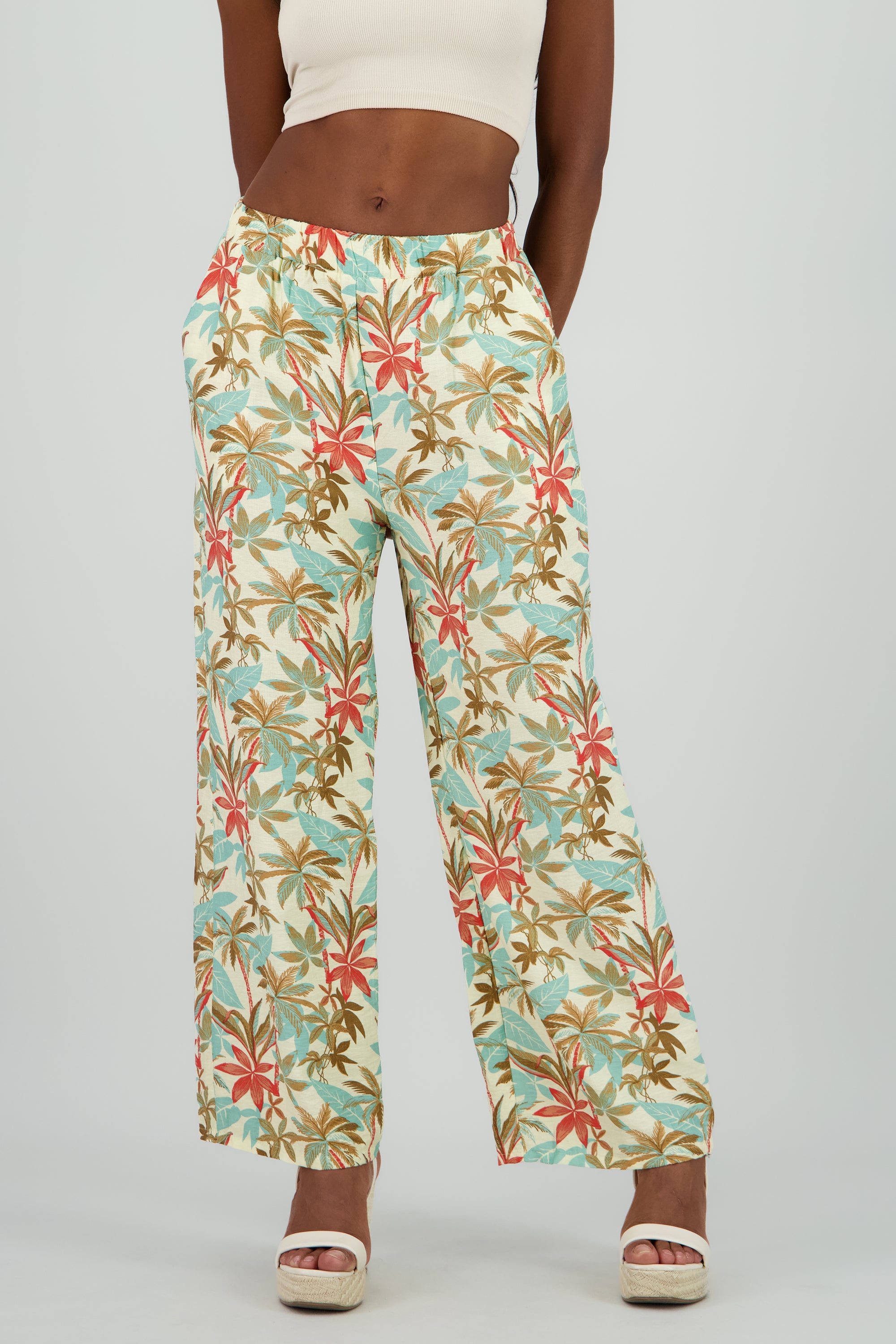 Pantalon amplio detalle resorte tropical MULTICOLOR