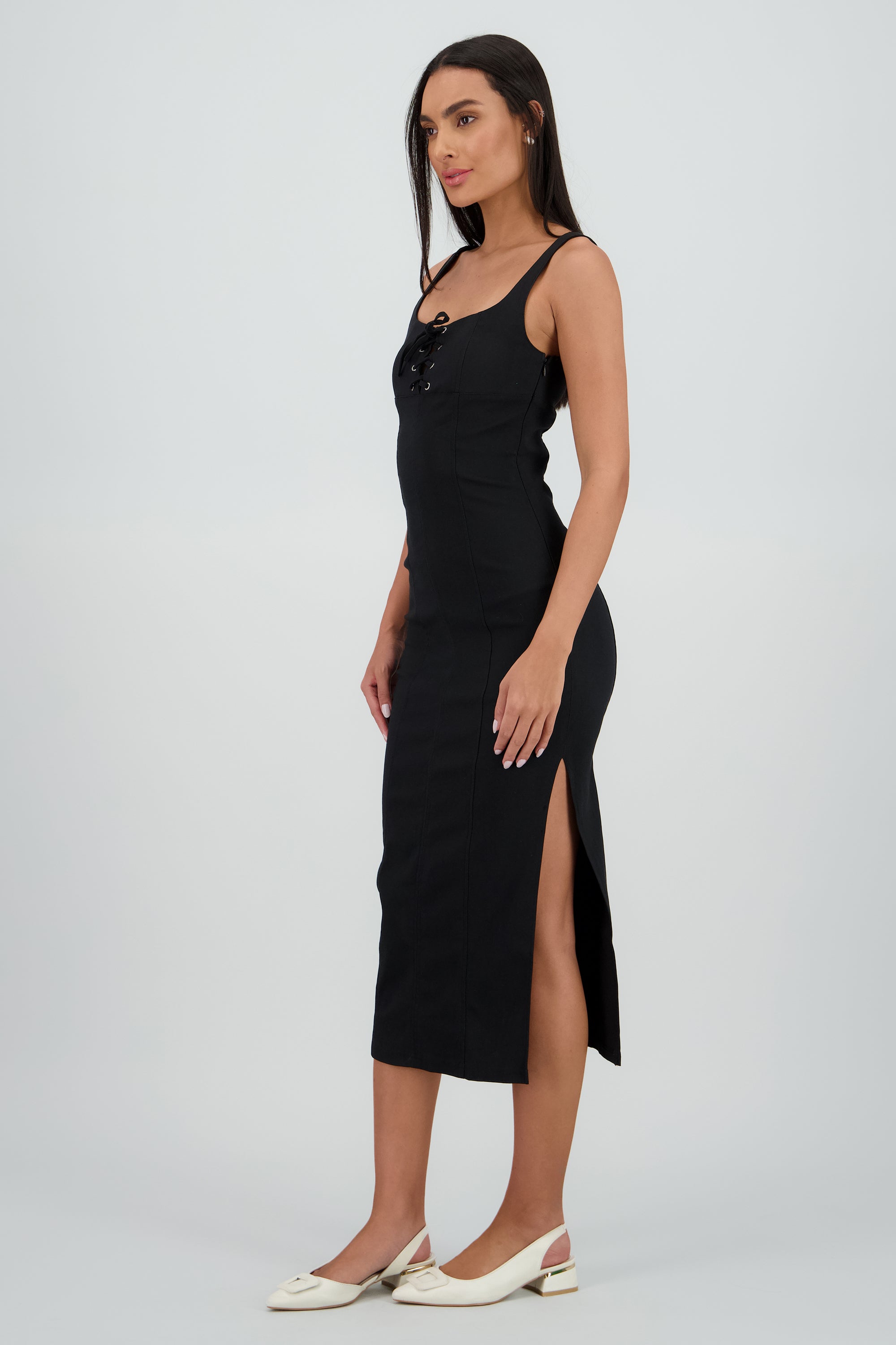 Vestido denim midi detalle laceup NEGRO