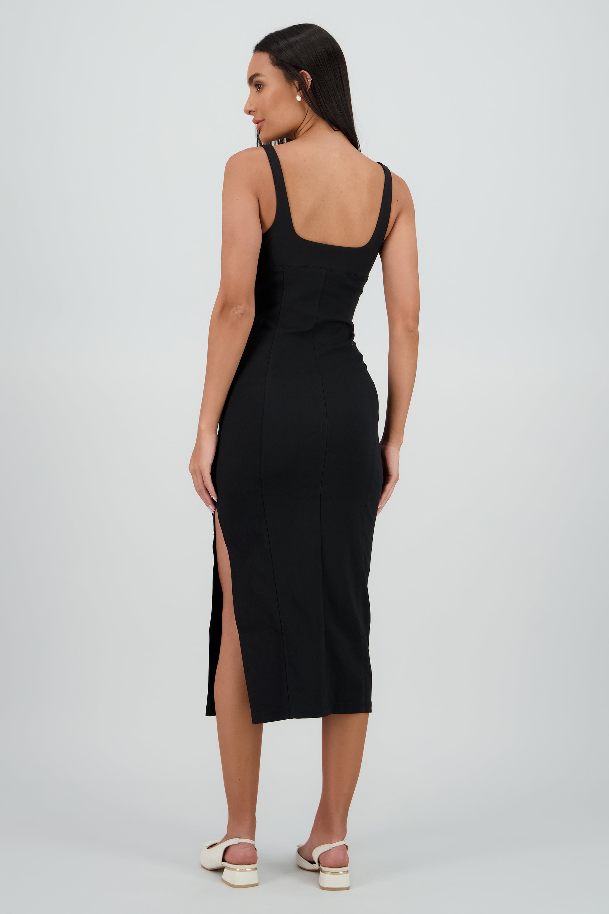 Vestido denim midi detalle laceup NEGRO