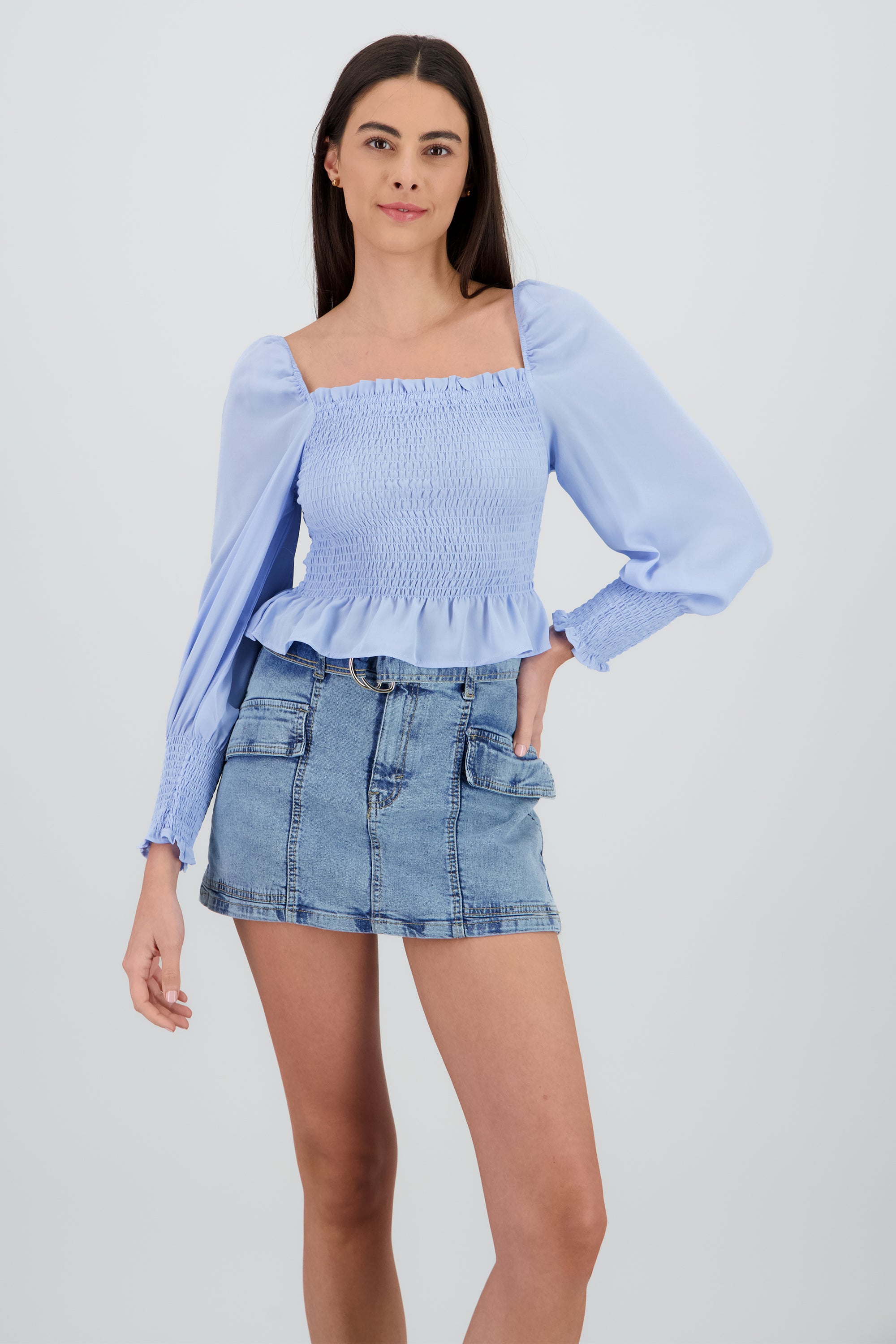 Top manga larga abullonada detalle smock AZUL