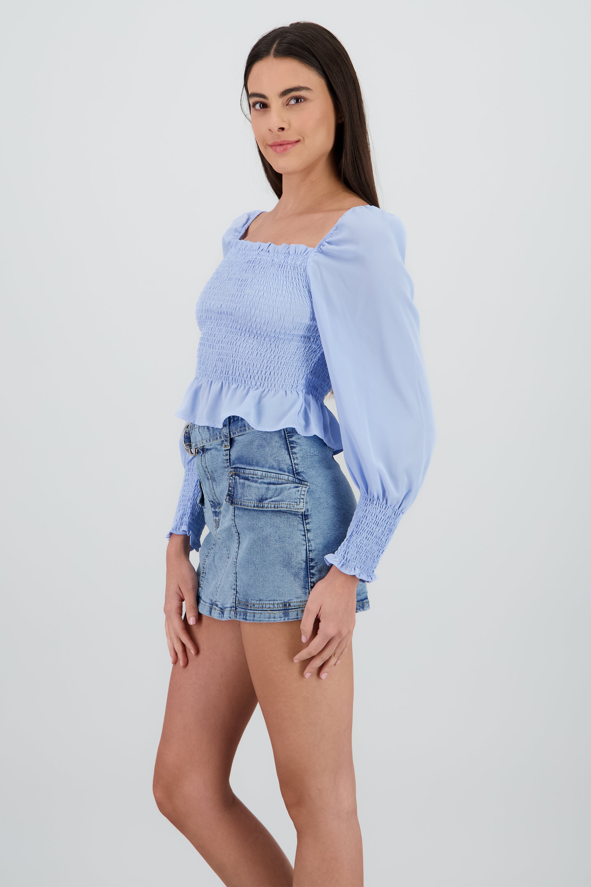 Top manga larga abullonada detalle smock AZUL