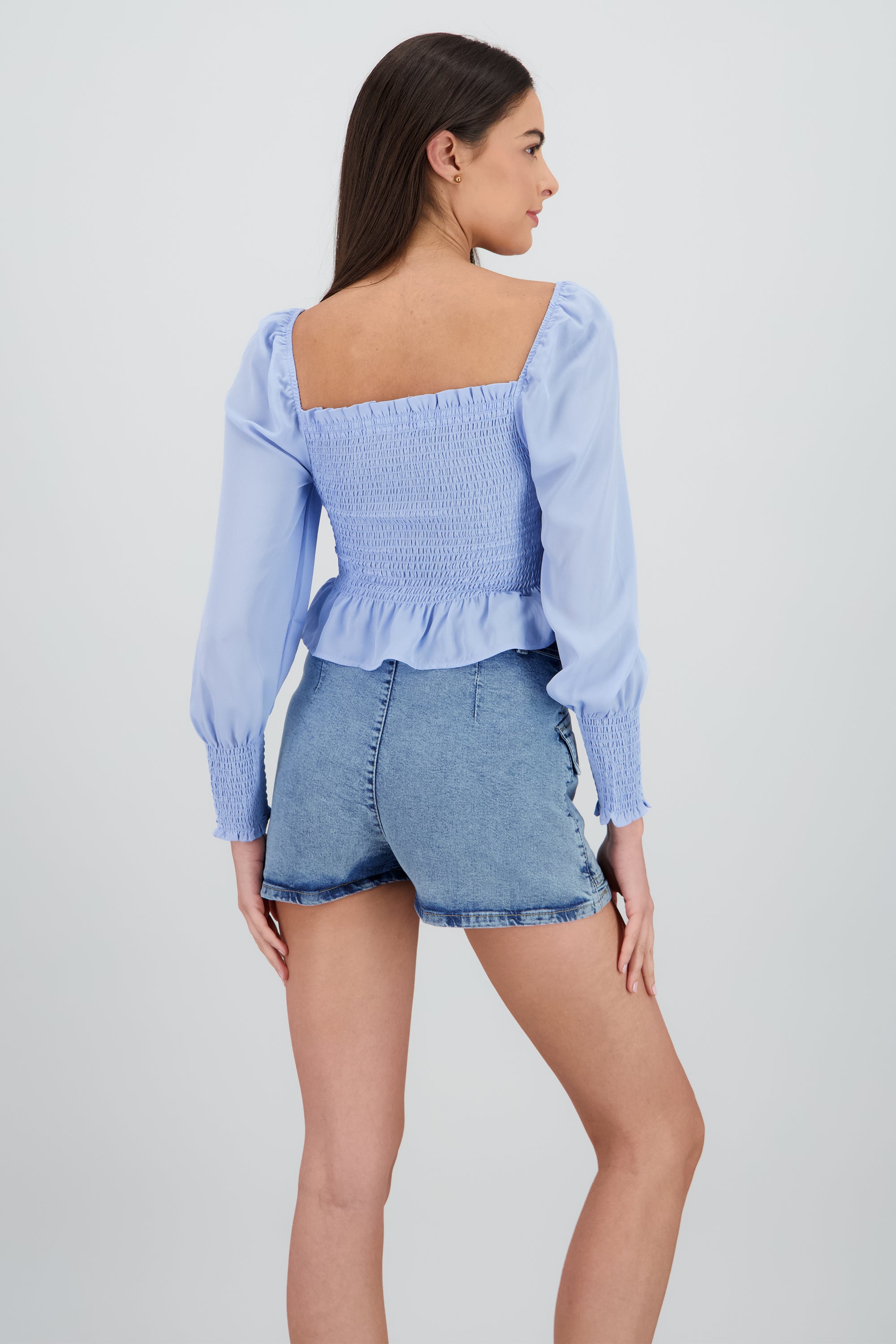 Top manga larga abullonada detalle smock AZUL