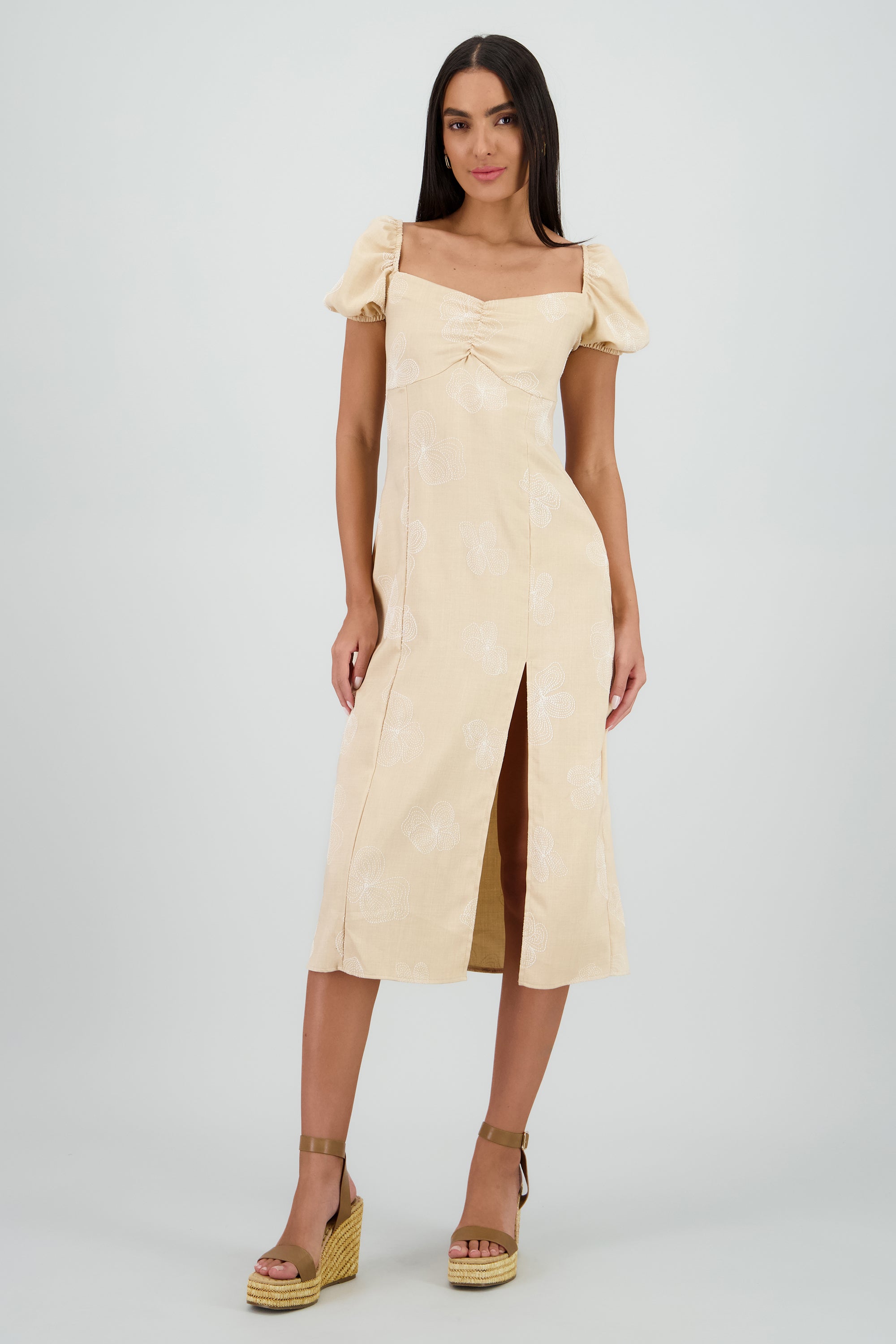 Vestido midi manga abullonada frunces BEIGE