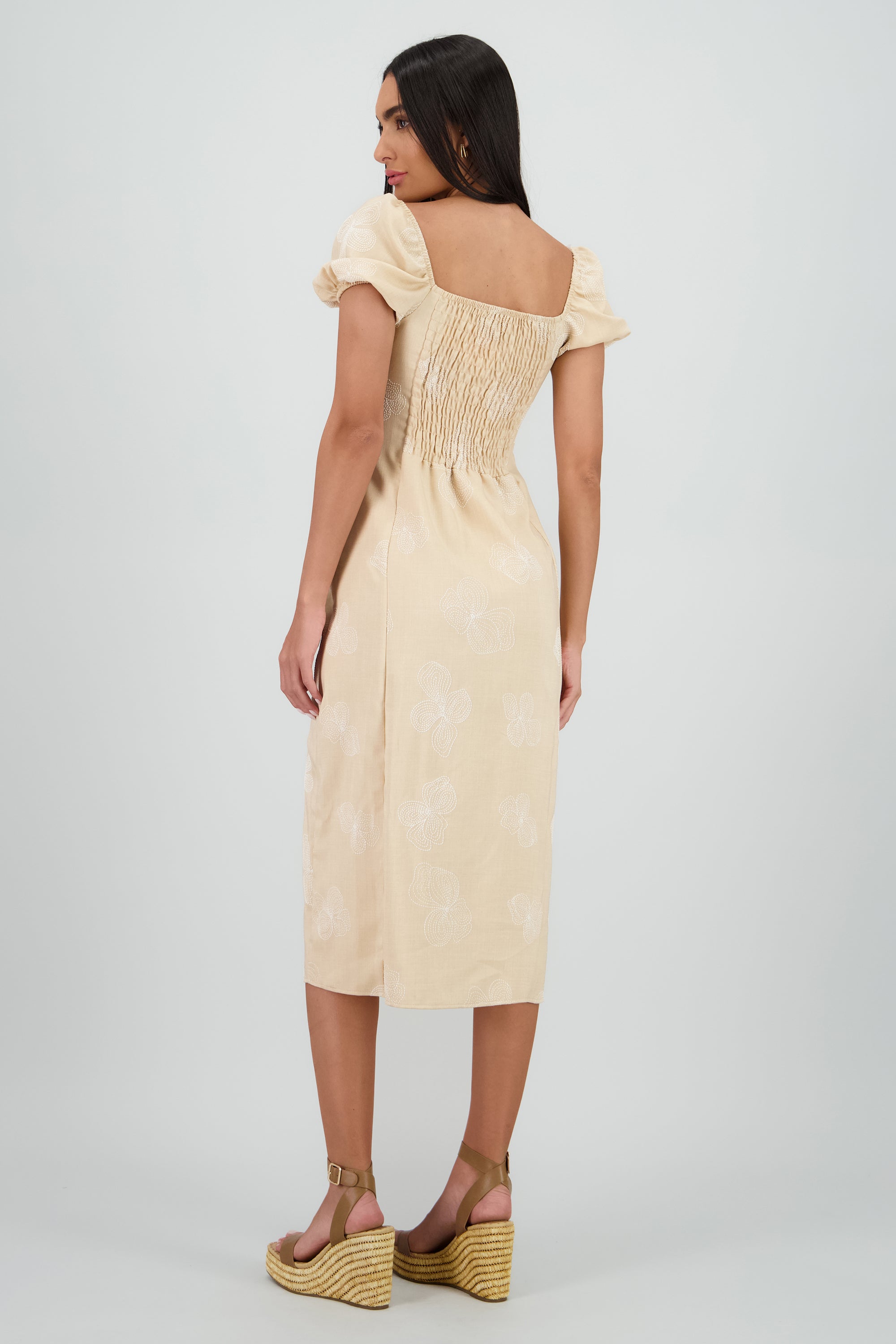Vestido midi manga abullonada frunces BEIGE